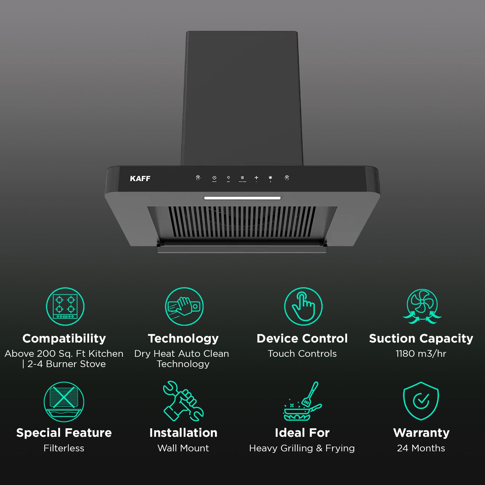 KAFF R-PRO 60cm 1180m3/hr Ducted Auto Clean Wall Mounted Chimney with Gesture Control (Black) KAFF R-PRO 60cm 1180m3/hr Ducted Auto Clean Wall Mounted Chimney with Gesture Control (Black)_3