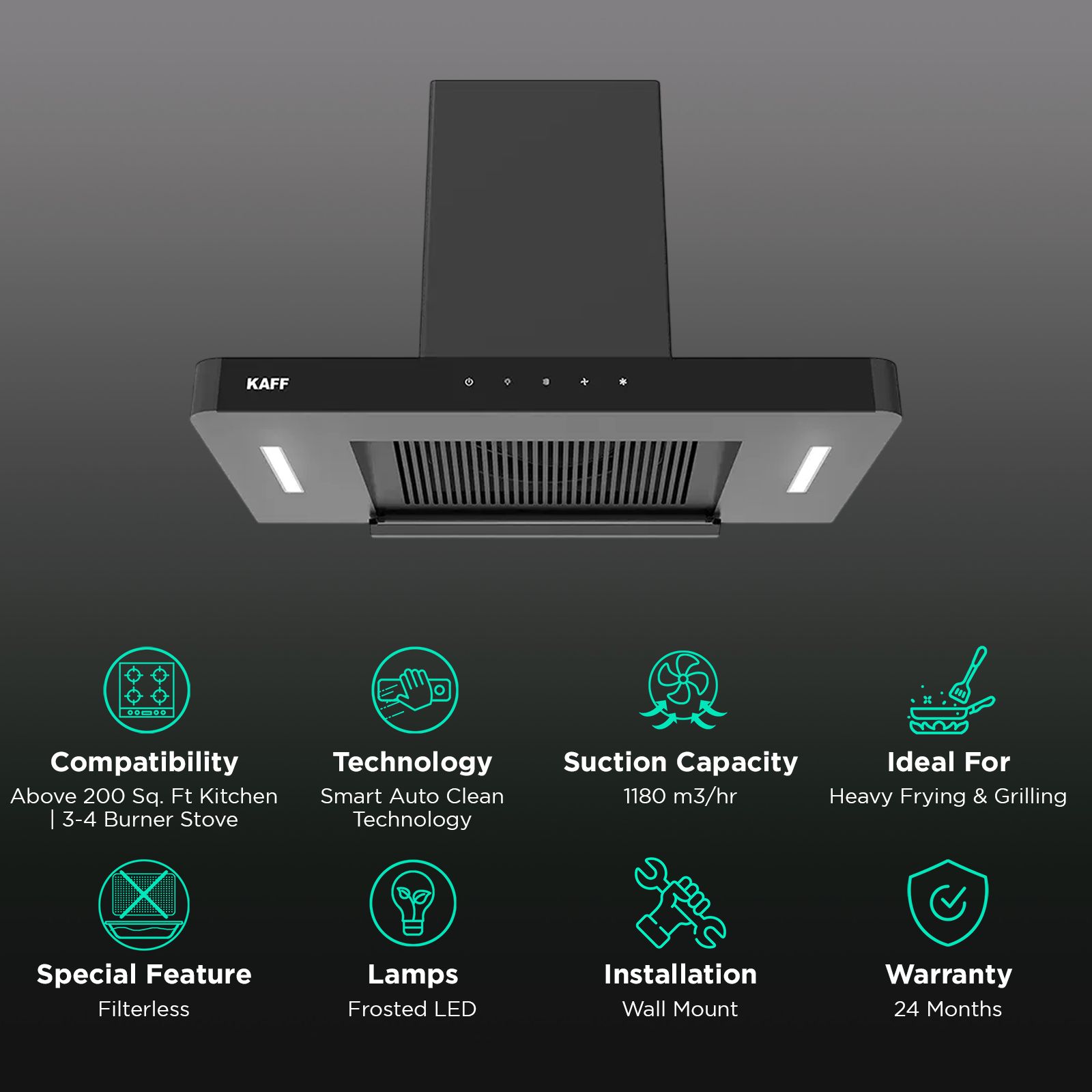 KAFF R-PRO 75cm 1180m3/hr Ducted Auto Clean Wall Mounted Chimney with Gesture Control (Black)_3