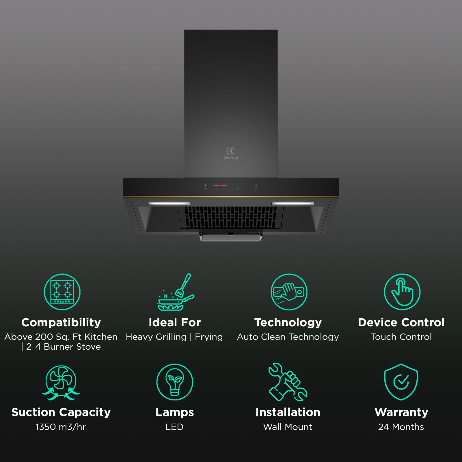 Electrolux UltimateTaste 500 60cm 1350m3/hr Ducted Auto Clean Wall Mounted Chimney with Centrifugal Motor (Black) Electrolux UltimateTaste 500 60cm 1350m3/hr Ducted Auto Clean Wall Mounted Chimney with Centrifugal Motor (Black)_3