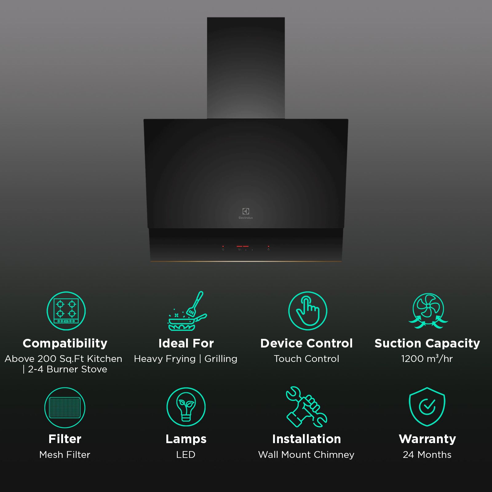 Electrolux UltimateTaste 500 60cm 1200m3/hr Convertible Wall Mounted Chimney with Touch Control Panel (Black) Electrolux UltimateTaste 500 60cm 1200m3/hr Convertible Wall Mounted Chimney with Touch Control Panel (Black)_3