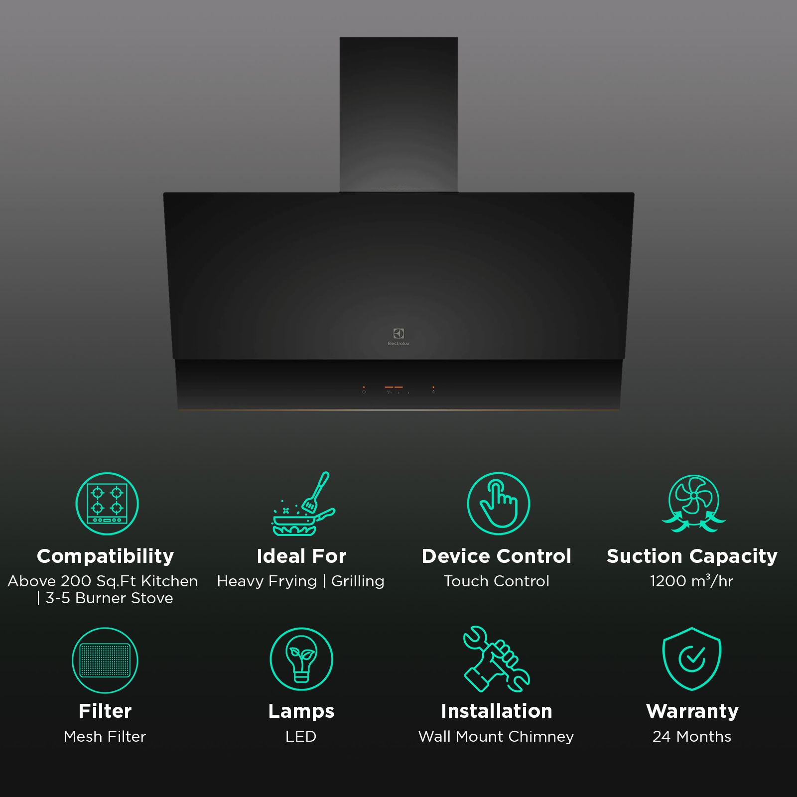Electrolux UltimateTaste 500 90cm 1200m3/hr Convertible Wall Mounted Chimney with Touch Control Panel (Black) Electrolux UltimateTaste 500 90cm 1200m3/hr Convertible Wall Mounted Chimney with Touch Control Panel (Black)_3