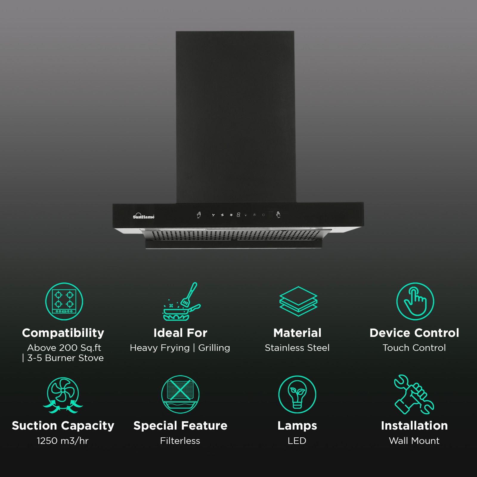Sunflame Cupo 90cm 1250m3/hr Ducted Auto Clean Wall Mounted Chimney with Motion Sensor (Black) Sunflame Cupo 90cm 1250m3/hr Ducted Auto Clean Wall Mounted Chimney with Motion Sensor (Black)_3