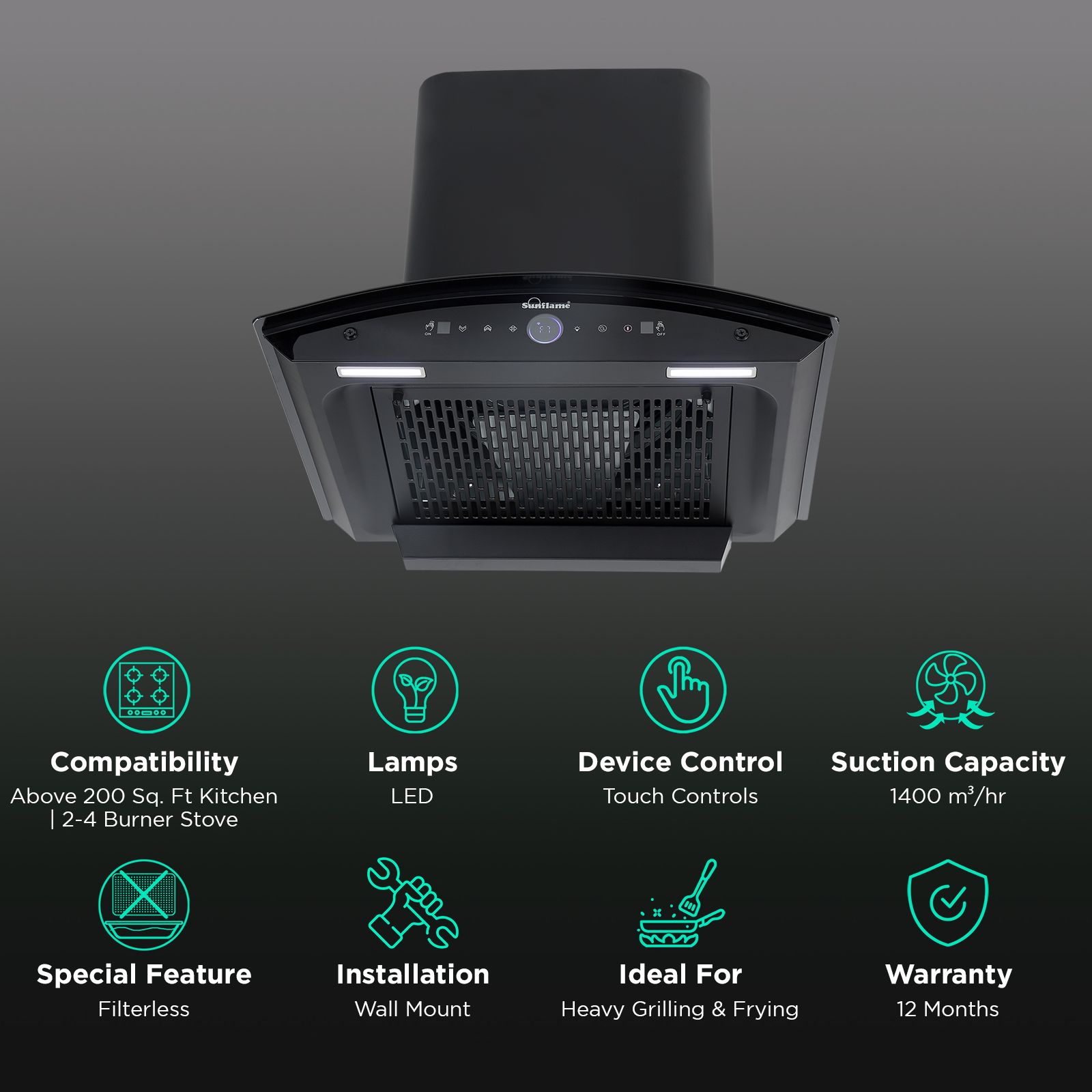 Sunflame CH SERENO 60cm 1400m3/hr Ducted Auto Clean Wall Mounted Chimney with Feather Touch Controls (Black) Sunflame CH SERENO 60cm 1400m3/hr Ducted Auto Clean Wall Mounted Chimney with Feather Touch Controls (Black)_3
