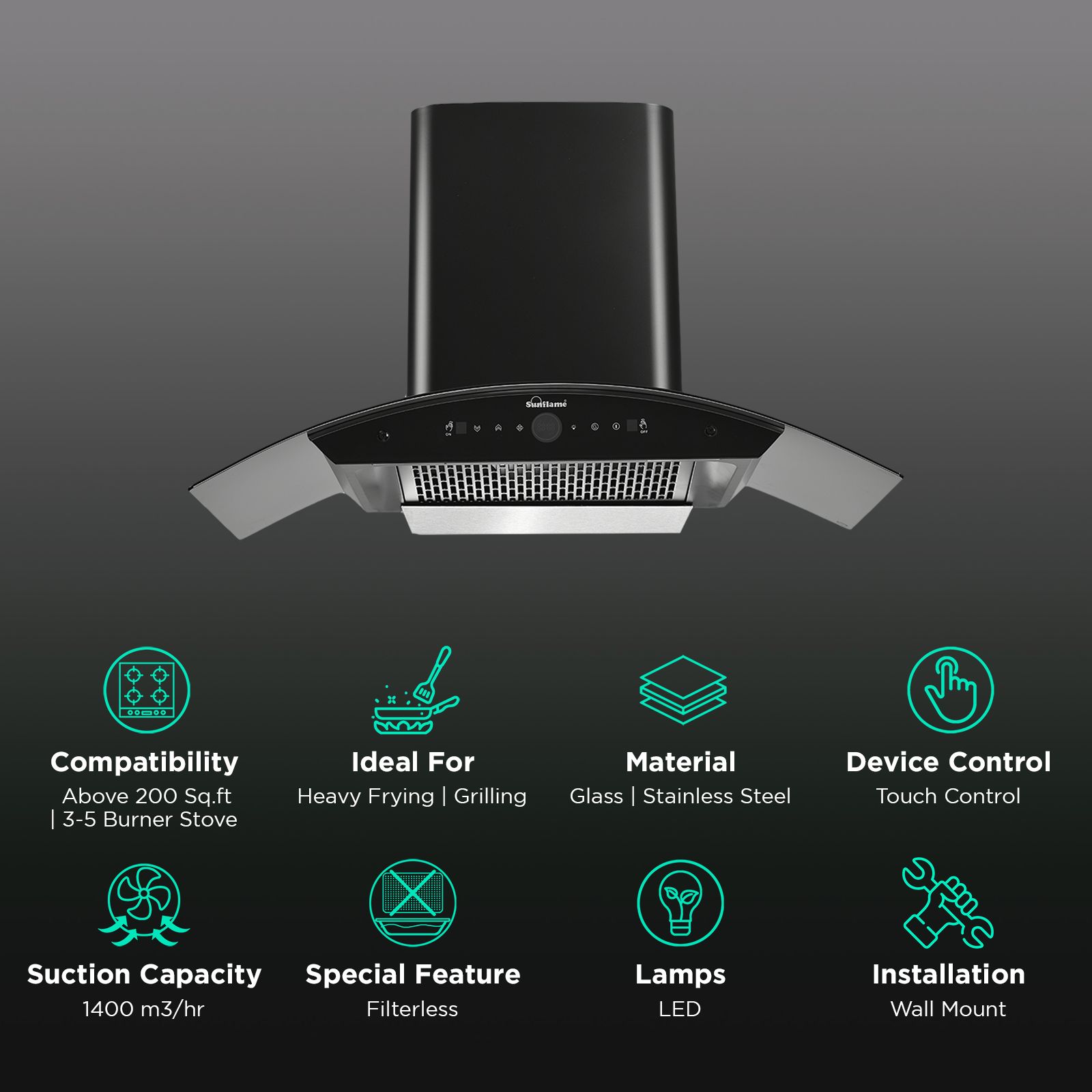 Sunflame Sereno 90cm 1400m3/hr Ducted Auto Clean Wall Mounted Chimney with Motion Sensor (Black)_3