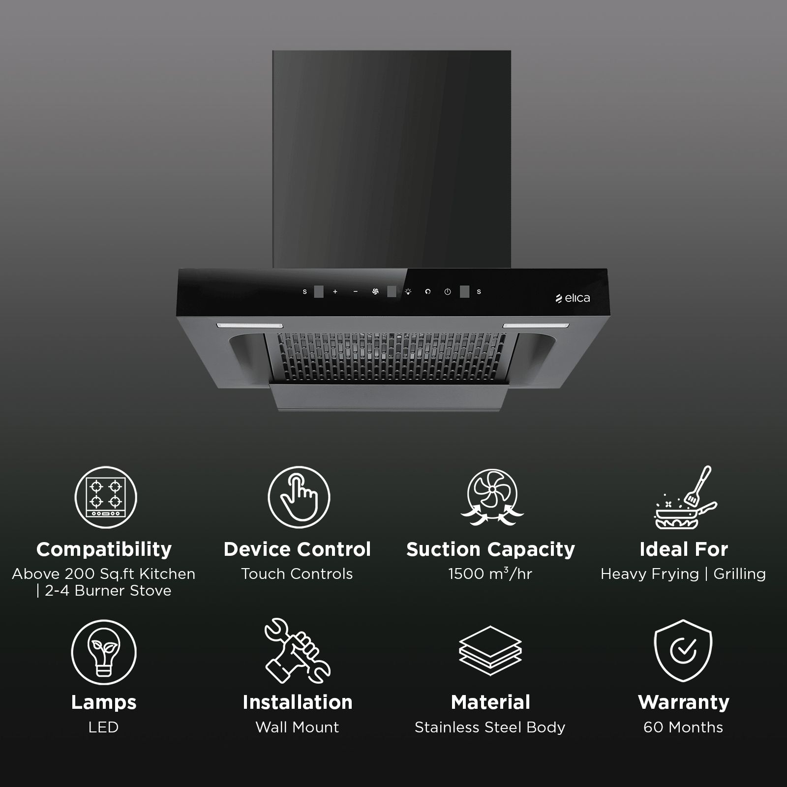 elica SPT FL 600 BLDC HAC LTW MS NERO 60cm 1500m3/hr Ducted Auto Clean Wall Mounted Chimney with Motion Sensor Control (Black) elica SPT FL 600 BLDC HAC LTW MS NERO 60cm 1500m3/hr Ducted Auto Clean Wall Mounted Chimney with Motion Sensor Control (Black)_3