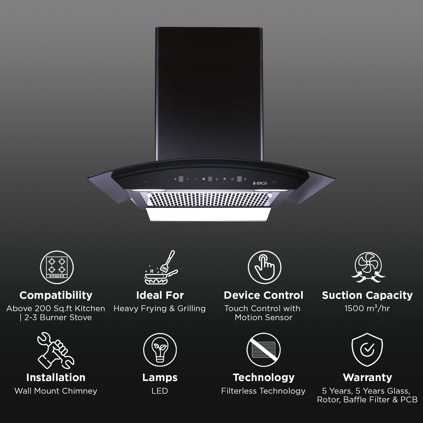 elica WDFL 600 BLDC HAC LTW MS NERO 60cm 1500m3/hr Ducted Auto Clean Wall Mounted Chimney with Motion Sensor Control (Black) elica WDFL 600 BLDC HAC LTW MS NERO 60cm 1500m3/hr Ducted Auto Clean Wall Mounted Chimney with Motion Sensor Control (Black)_3