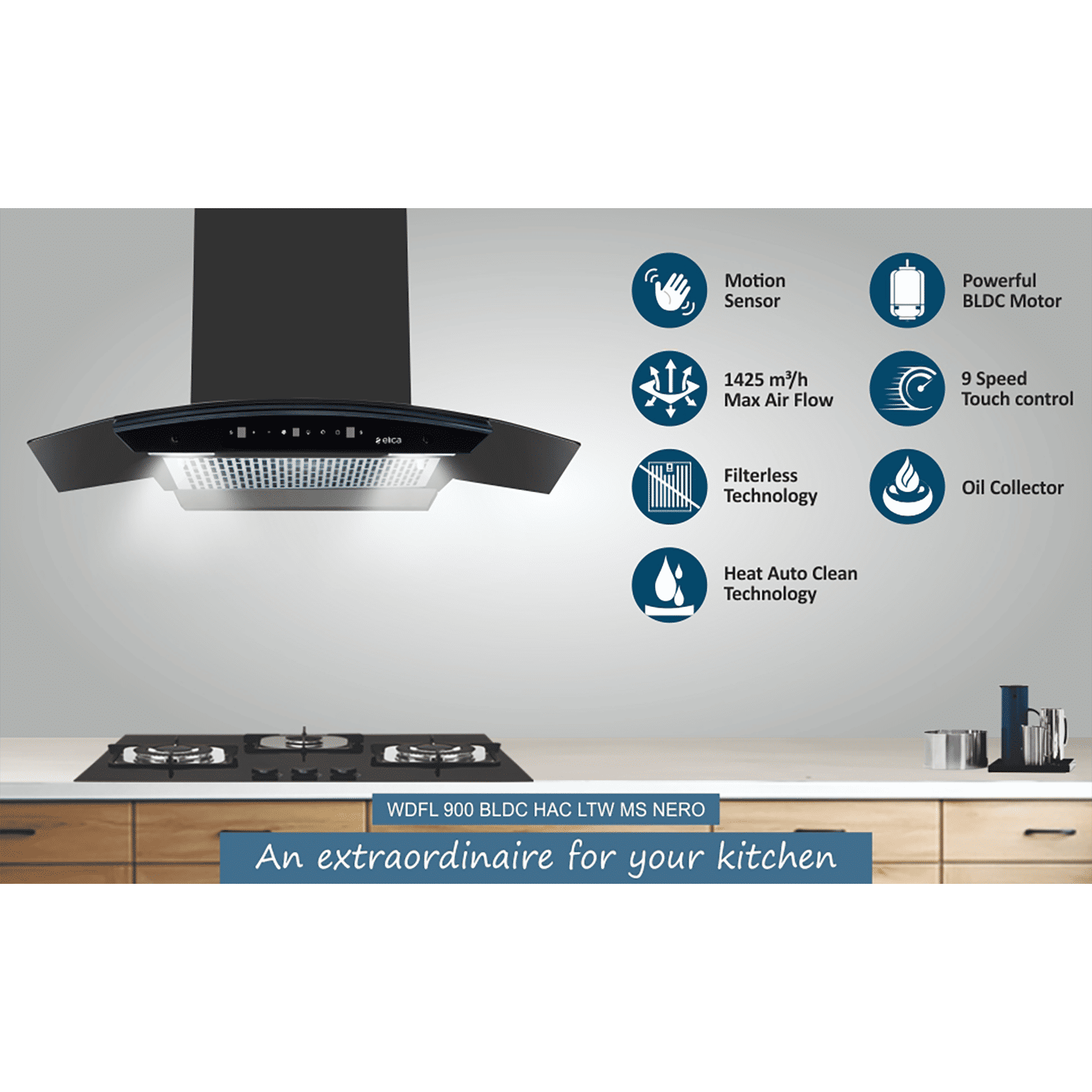 elica WDFL 900 BLDC HAC LTW MS NERO 90cm 1500m3/hr Ducted Auto Clean Wall Mounted Chimney with Motion Sensor Control (Black) elica WDFL 900 BLDC HAC LTW MS NERO 90cm 1500m3/hr Ducted Auto Clean Wall Mounted Chimney with Motion Sensor Control (Black)_4