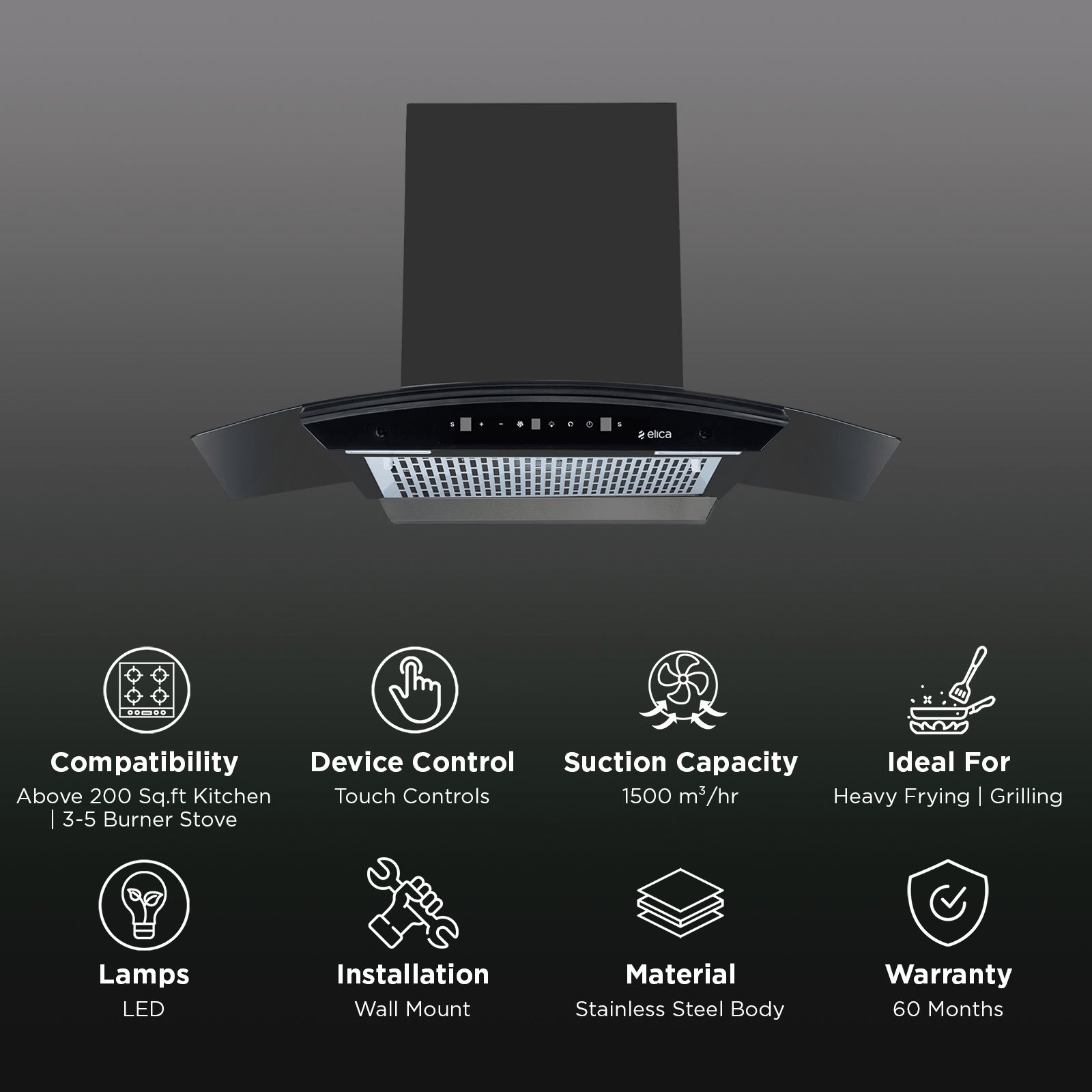 elica WDFL 900 BLDC HAC LTW MS NERO 90cm 1500m3/hr Ducted Auto Clean Wall Mounted Chimney with Motion Sensor Control (Black) elica WDFL 900 BLDC HAC LTW MS NERO 90cm 1500m3/hr Ducted Auto Clean Wall Mounted Chimney with Motion Sensor Control (Black)_3