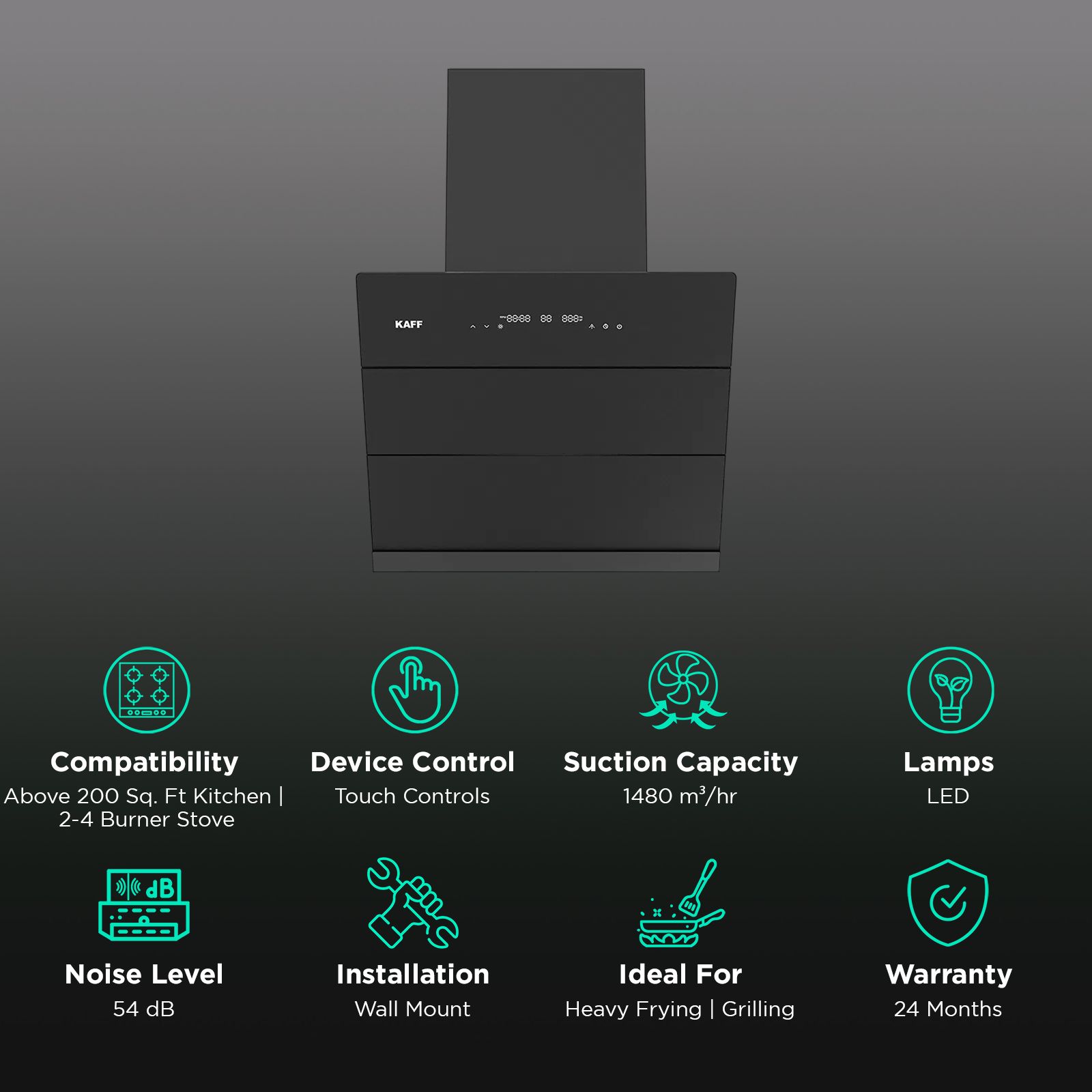 KAFF ALBURY SUPER 60cm 1480m3/hr Ducted Auto Clean Wall Mounted Chimney with Motion Sensor Control (Black) KAFF ALBURY SUPER 60cm 1480m3/hr Ducted Auto Clean Wall Mounted Chimney with Motion Sensor Control (Black)_3