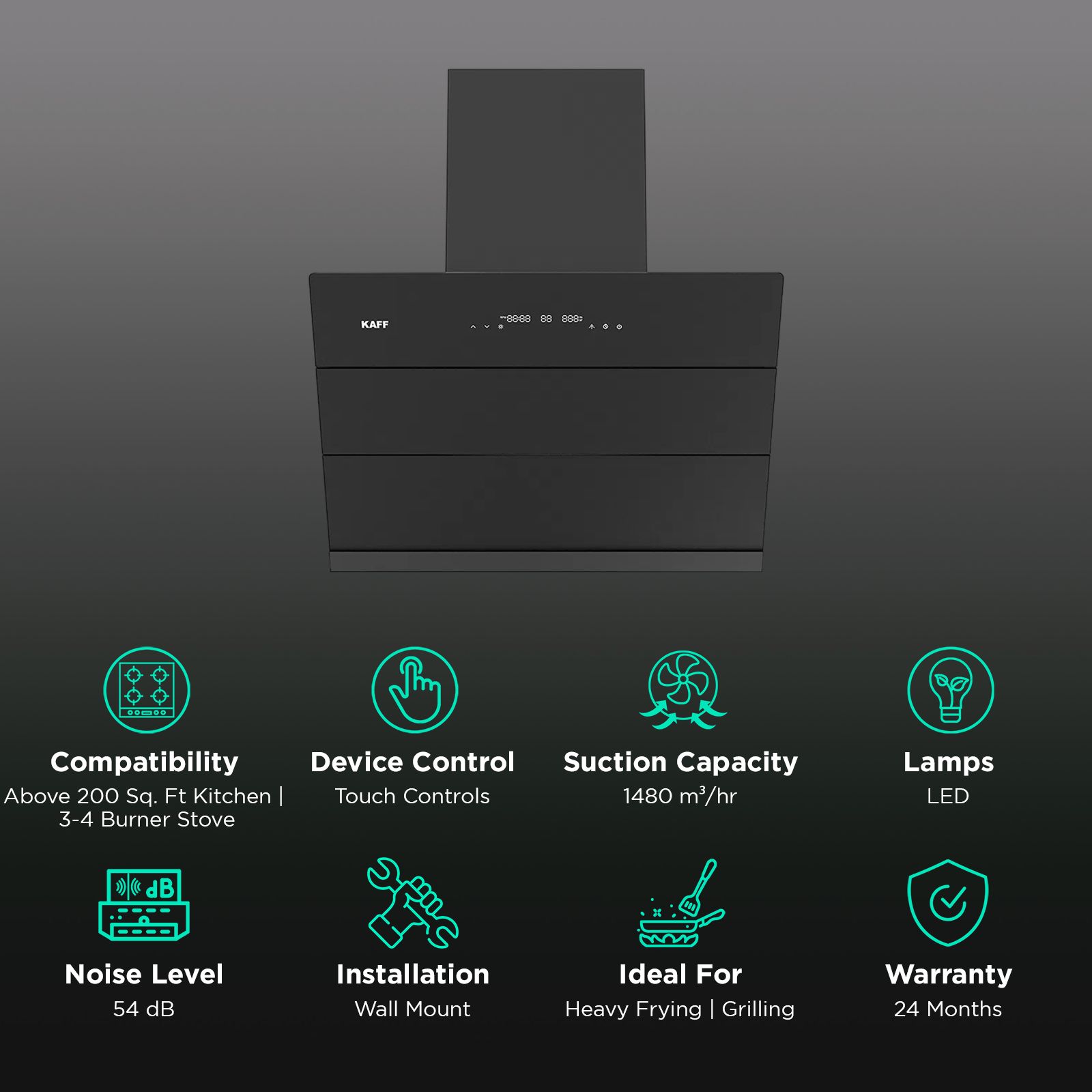 KAFF ALBURY SUPER 75cm 1480m3/hr Ducted Auto Clean Wall Mounted Chimney with Motion Sensor Control (Black) KAFF ALBURY SUPER 75cm 1480m3/hr Ducted Auto Clean Wall Mounted Chimney with Motion Sensor Control (Black)_3