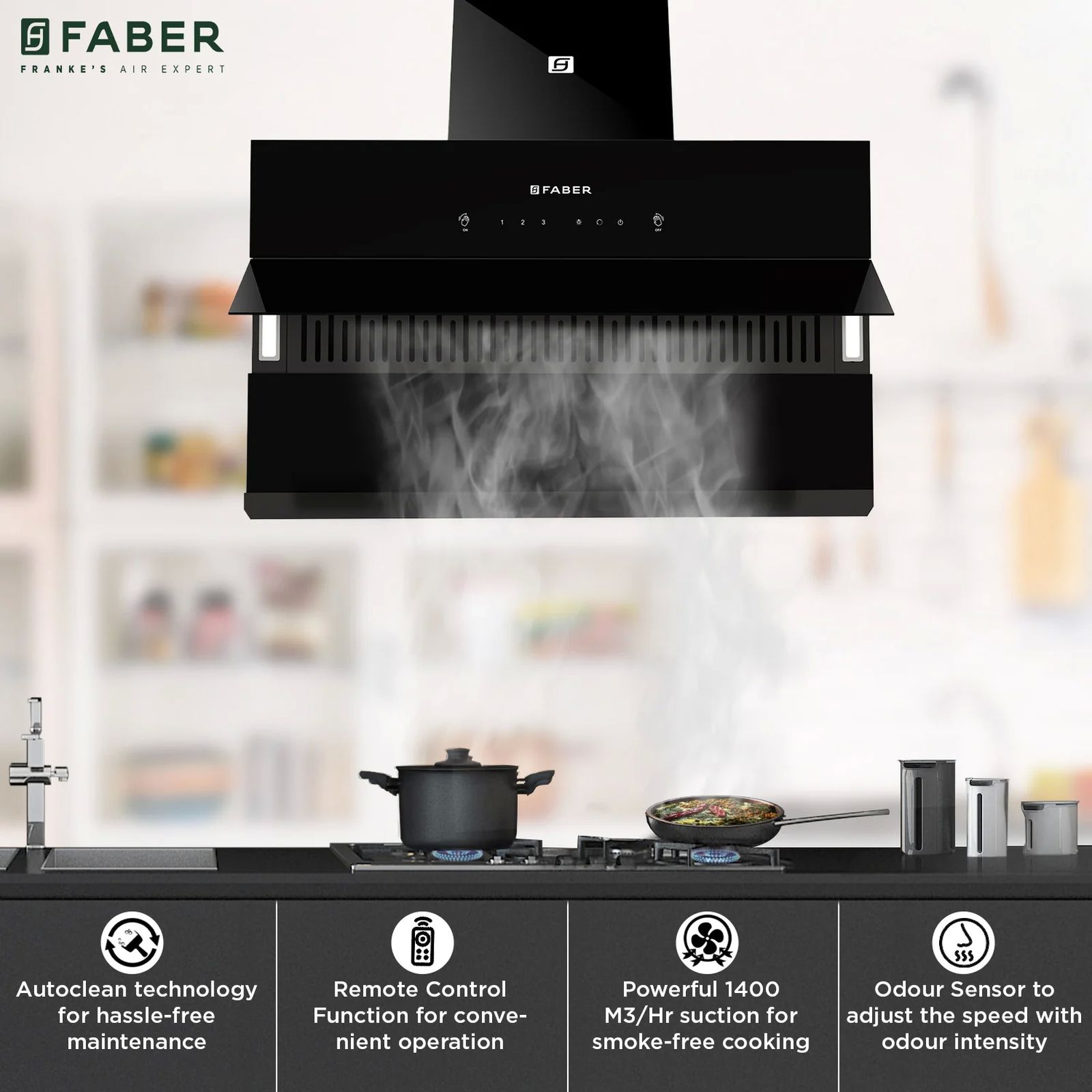 FABER HOOD ZENITH FL HC SC BK IN 90cm 1400m3/hr Ducted Auto Clean Wall Mounted Chimney with Odor Sensor (Black)_7
