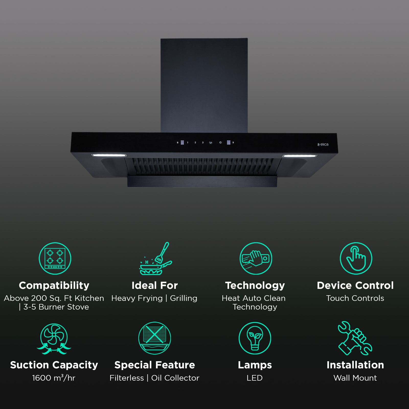 elica FL PLUS SPT MAX 90cm 1600m3/hr Ducted Auto Clean Wall Mounted Chimney with Motion Sensor Control (Black) elica FL PLUS SPT MAX 90cm 1600m3/hr Ducted Auto Clean Wall Mounted Chimney with Motion Sensor Control (Black)_3