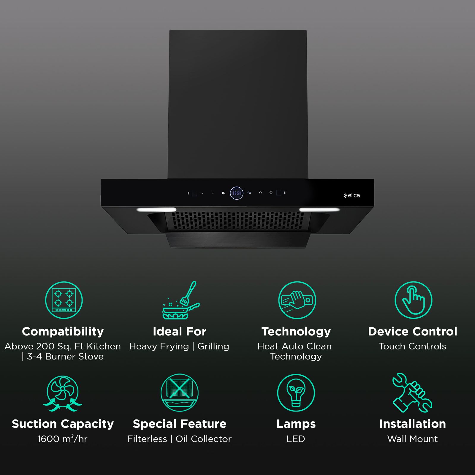 elica SPT PRO PLUS FL BLDC 75cm 1600m3/hr Ducted Auto Clean Wall Mounted Chimney with Motion Sensor Control (Black) elica SPT PRO PLUS FL BLDC 75cm 1600m3/hr Ducted Auto Clean Wall Mounted Chimney with Motion Sensor Control (Black)_3