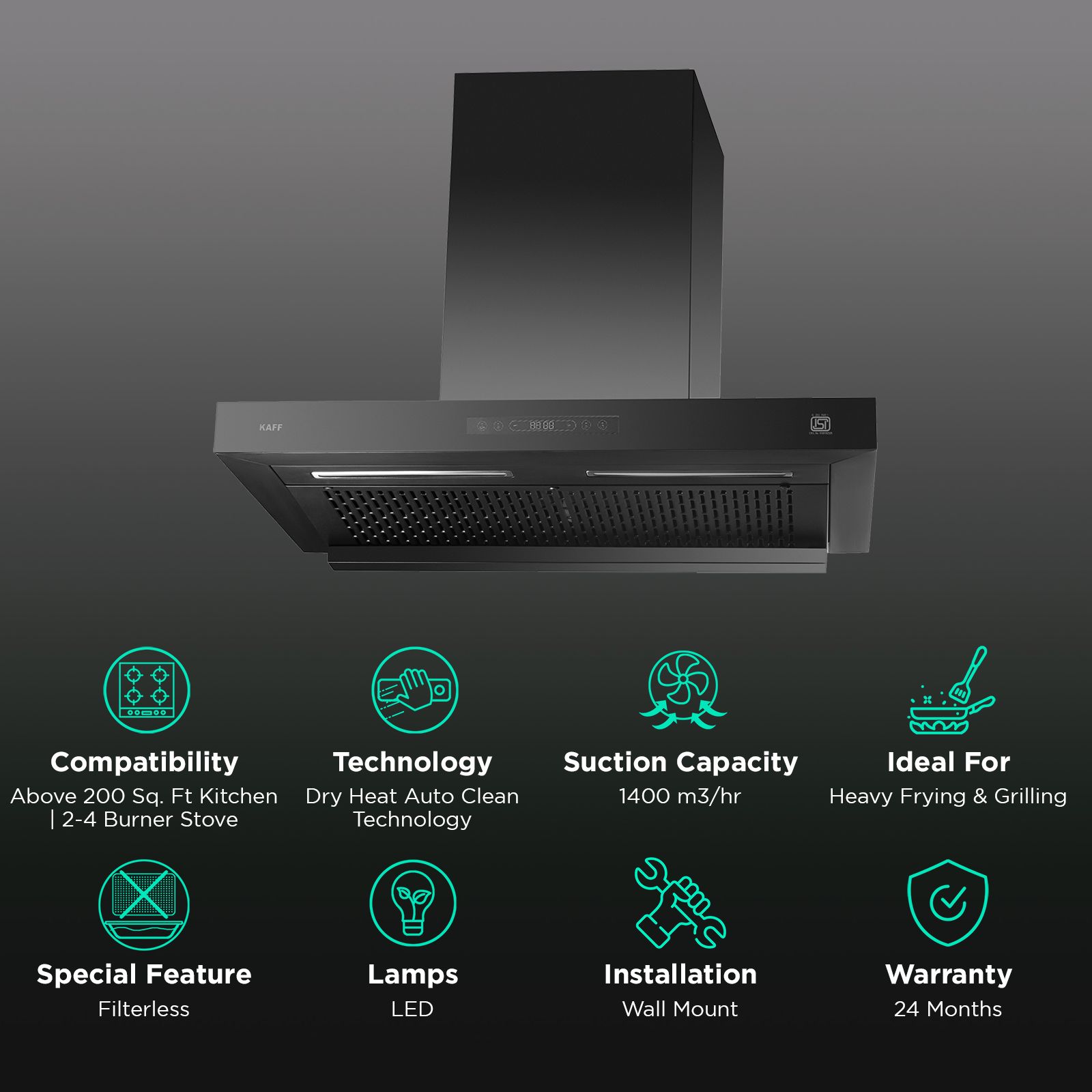 KAFF ASHPRO 60 DC 60cm 1400m3/hr Ducted Auto Clean Wall Mounted Chimney with Motion Sensor Control (Black) KAFF ASHPRO 60 DC 60cm 1400m3/hr Ducted Auto Clean Wall Mounted Chimney with Motion Sensor Control (Black)_3