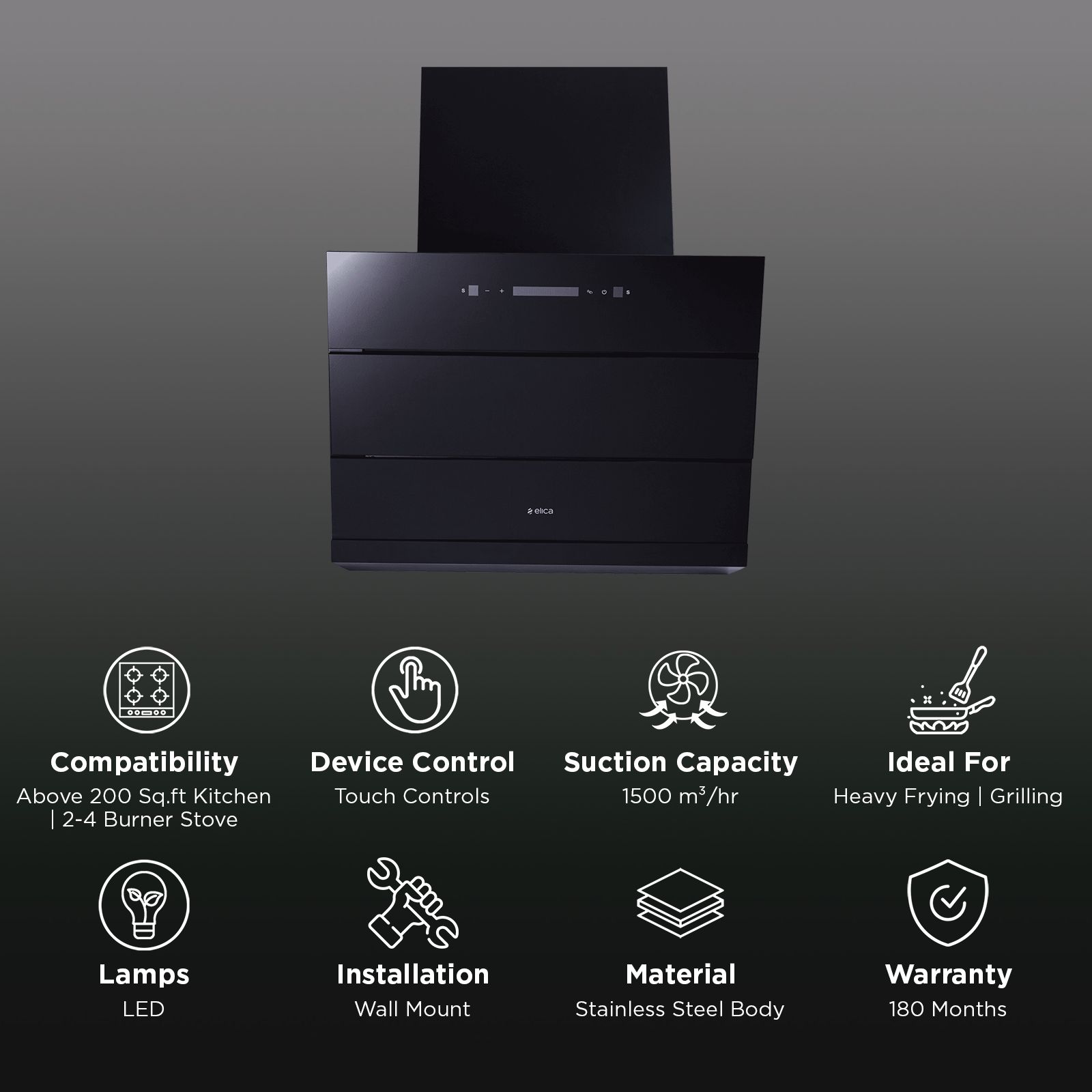 elica EFL 3V 601 BLDC HAC LTW MS NERO 60cm 1500m3/hr Ductless Auto Clean Cabinet/Hob Mounted Chimney with Motion Sensor Control (Black)_3