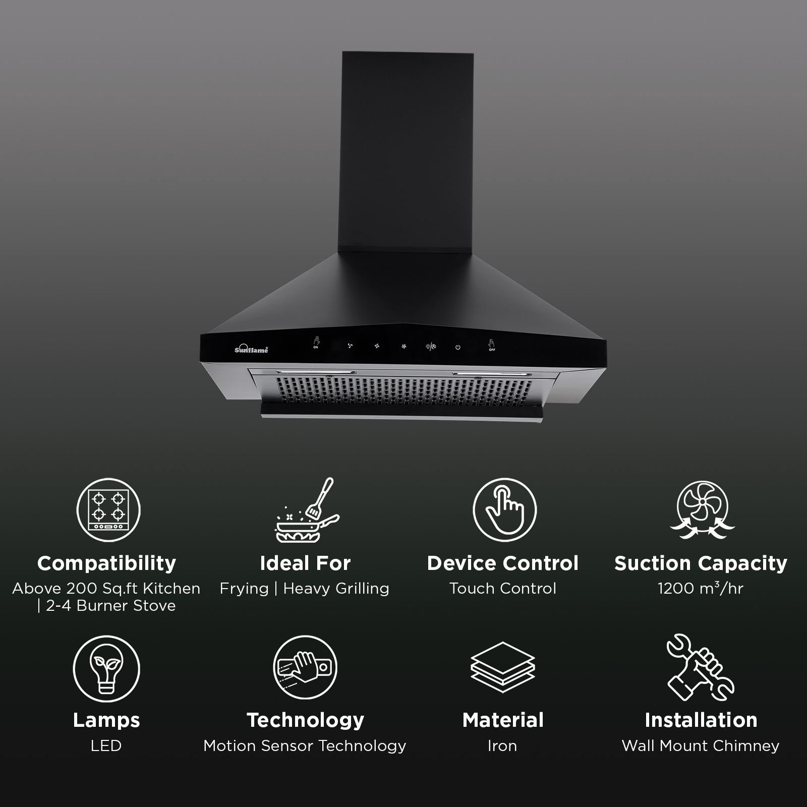 Sunflame Sapphire 60cm 1200m3/hr Ducted Auto Clean Wall Mounted Chimney with Motion Sensor (Black) Sunflame Sapphire 60cm 1200m3/hr Ducted Auto Clean Wall Mounted Chimney with Motion Sensor (Black)_2