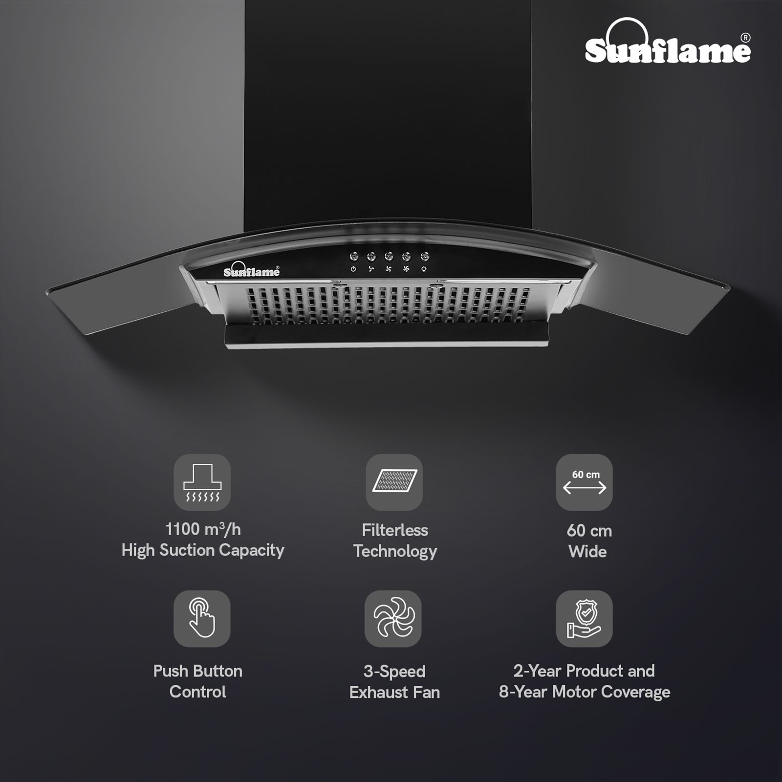 Sunflame Naples 60cm 1100m3/hr Ducted Wall Mounted Chimney with 3-Speed Exhaust Fan (Black) Sunflame Naples 60cm 1100m3/hr Ducted Wall Mounted Chimney with 3-Speed Exhaust Fan (Black)_7