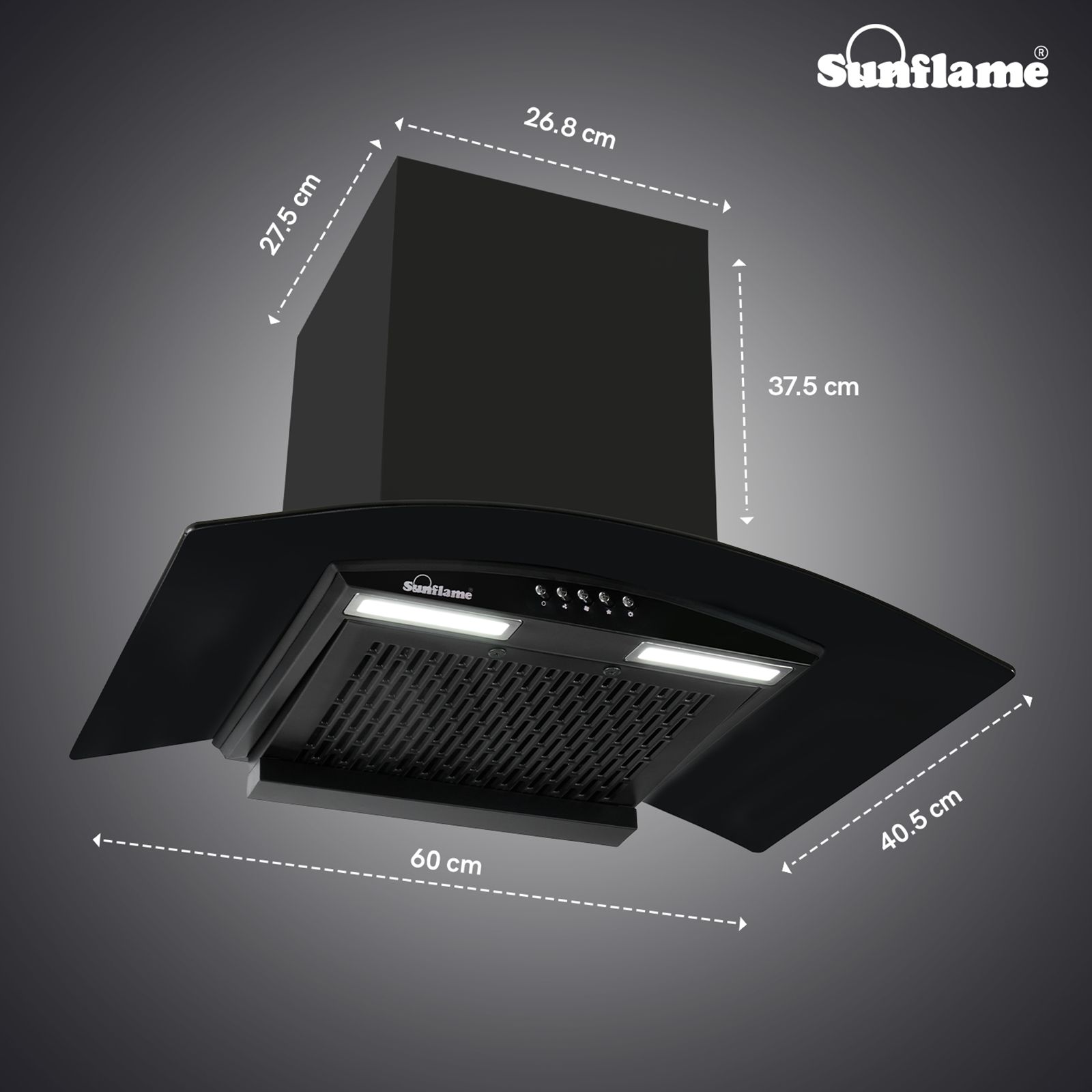 Sunflame Naples 60cm 1100m3/hr Ducted Wall Mounted Chimney with 3-Speed Exhaust Fan (Black) Sunflame Naples 60cm 1100m3/hr Ducted Wall Mounted Chimney with 3-Speed Exhaust Fan (Black)_5