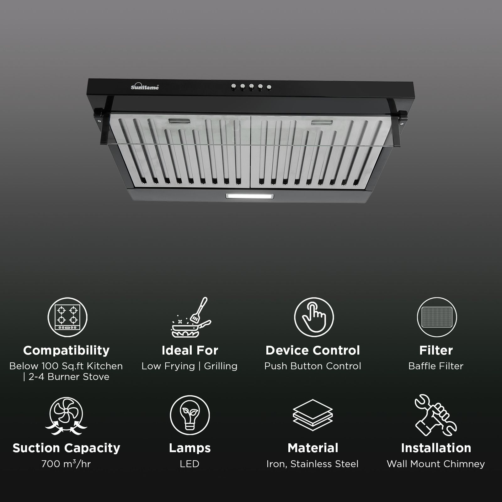 Sunflame CH AVEO DX 60 BK BF 60cm 700m3/hr Ducted Wall Mounted Chimney with Three Speed Control (Black)_2