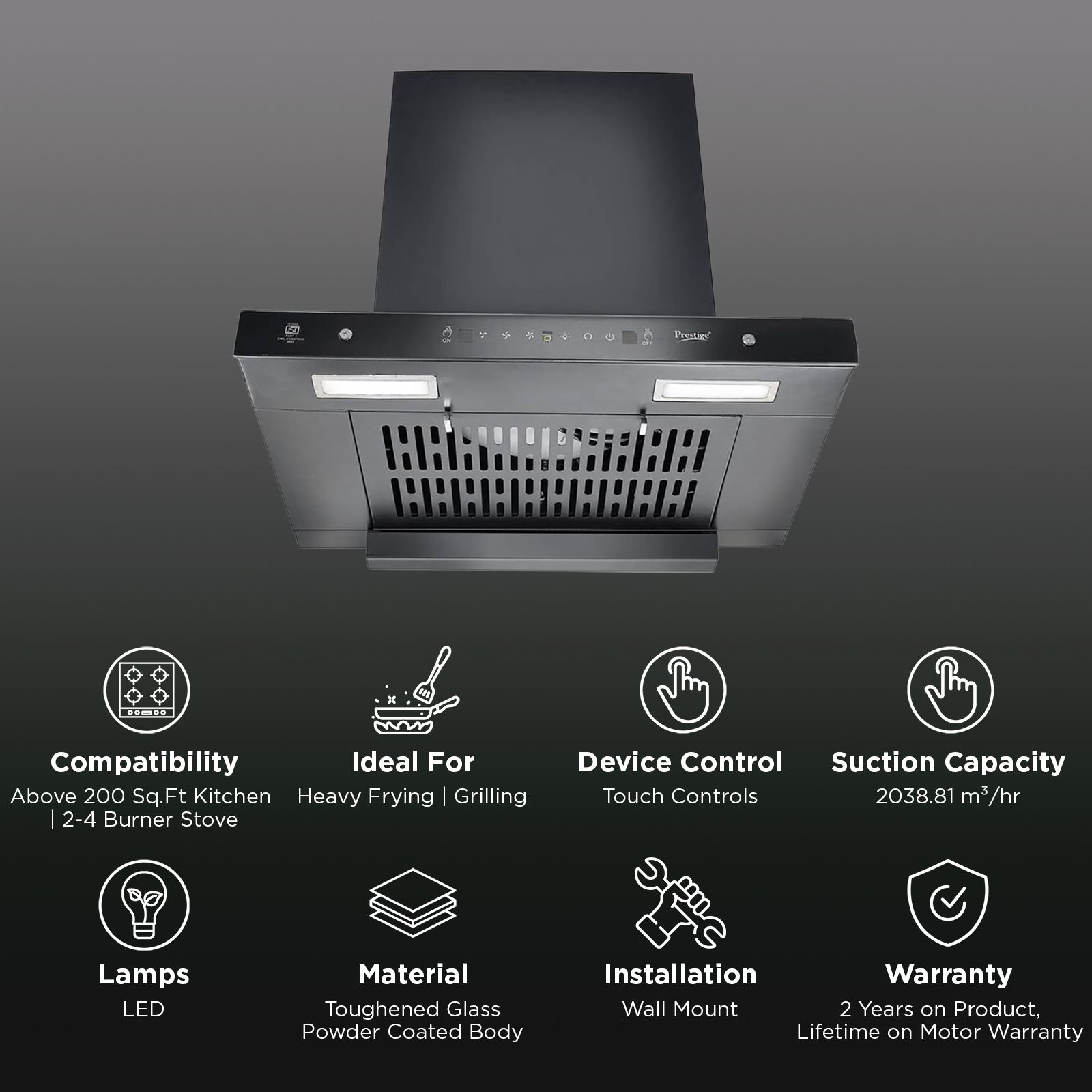 Prestige Edge 600 60cm 2038.81m3/hr Ducted Auto Clean Wall Mounted Chimney with Revolutionary Motion Sensor (Black) Prestige Edge 600 60cm 2038.81m3/hr Ducted Auto Clean Wall Mounted Chimney with Revolutionary Motion Sensor (Black)_3