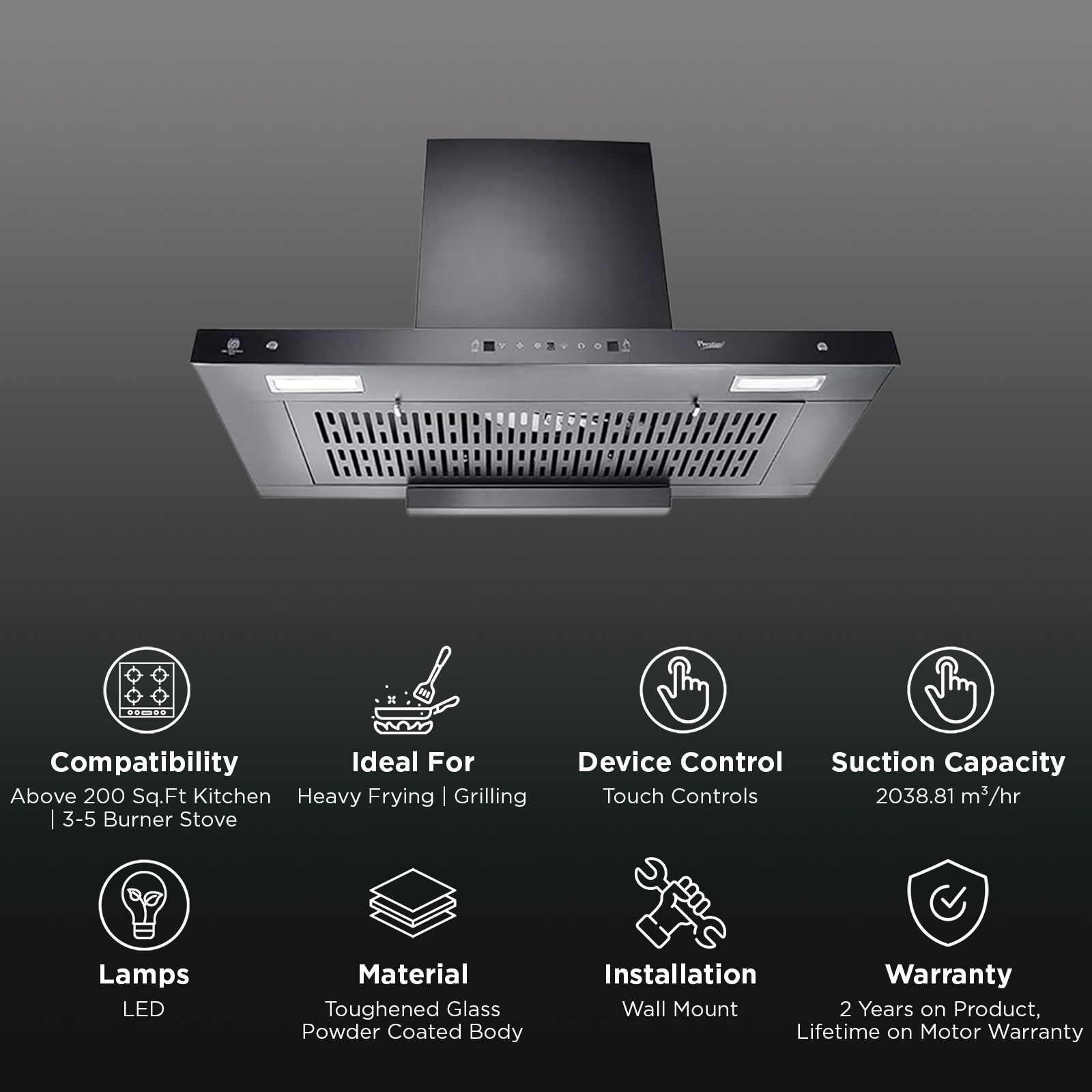 Prestige Edge 900 90cm 2038.81m3/hr Ducted Auto Clean Wall Mounted Chimney with Revolutionary Motion Sensor (Black)_3