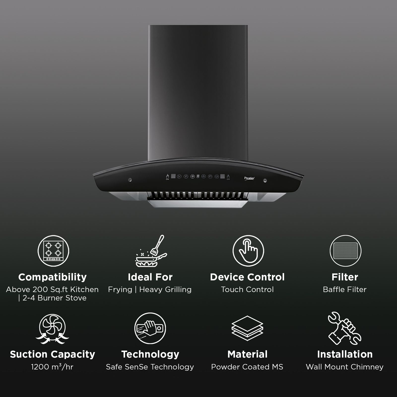 Prestige Oscar Plus 60cm 1200m3/hr Ducted Auto Clean Wall Mounted Chimney with Safe SenSe Technology (Black)_2