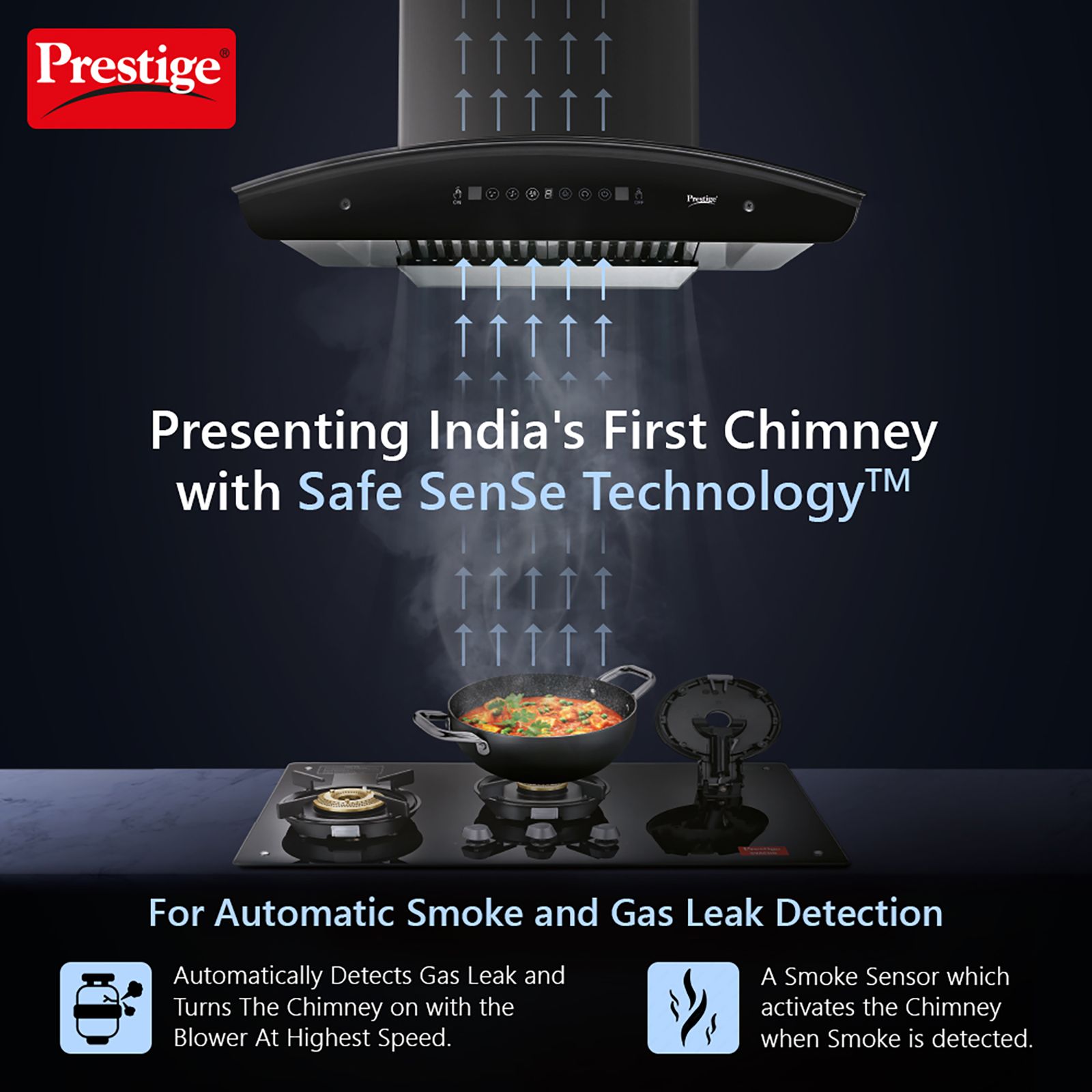 Prestige Oscar Plus 60cm 1200m3/hr Ducted Auto Clean Wall Mounted Chimney with Safe SenSe Technology (Black)_3