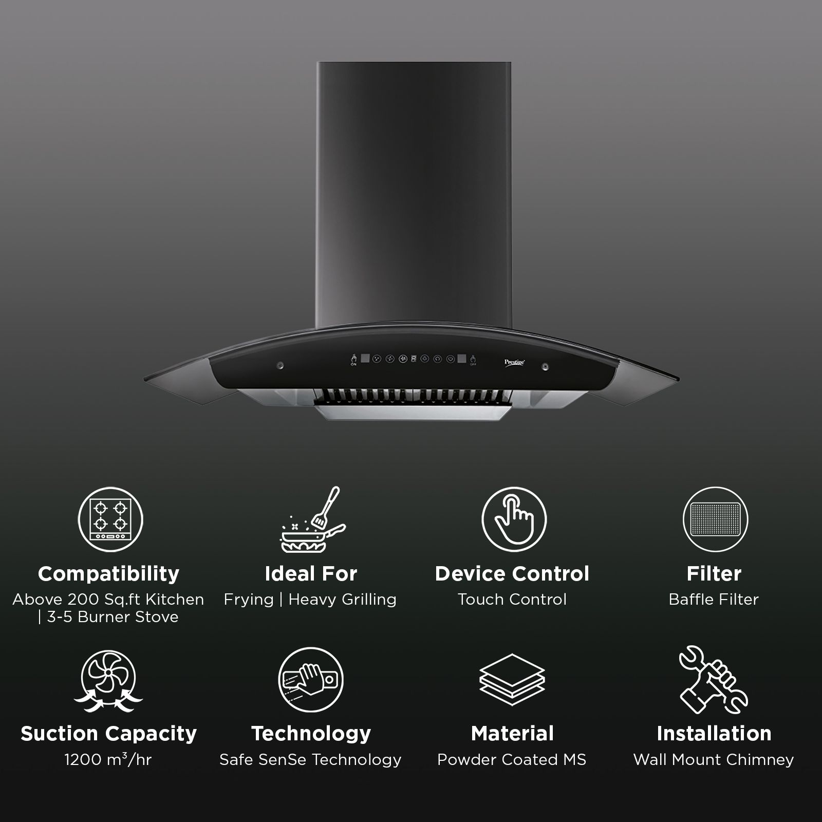 Prestige Oscar Plus 90cm 1200m3/hr Ducted Auto Clean Wall Mounted Chimney with Safe SenSe Technology (Black) Prestige Oscar Plus 90cm 1200m3/hr Ducted Auto Clean Wall Mounted Chimney with Safe SenSe Technology (Black)_2