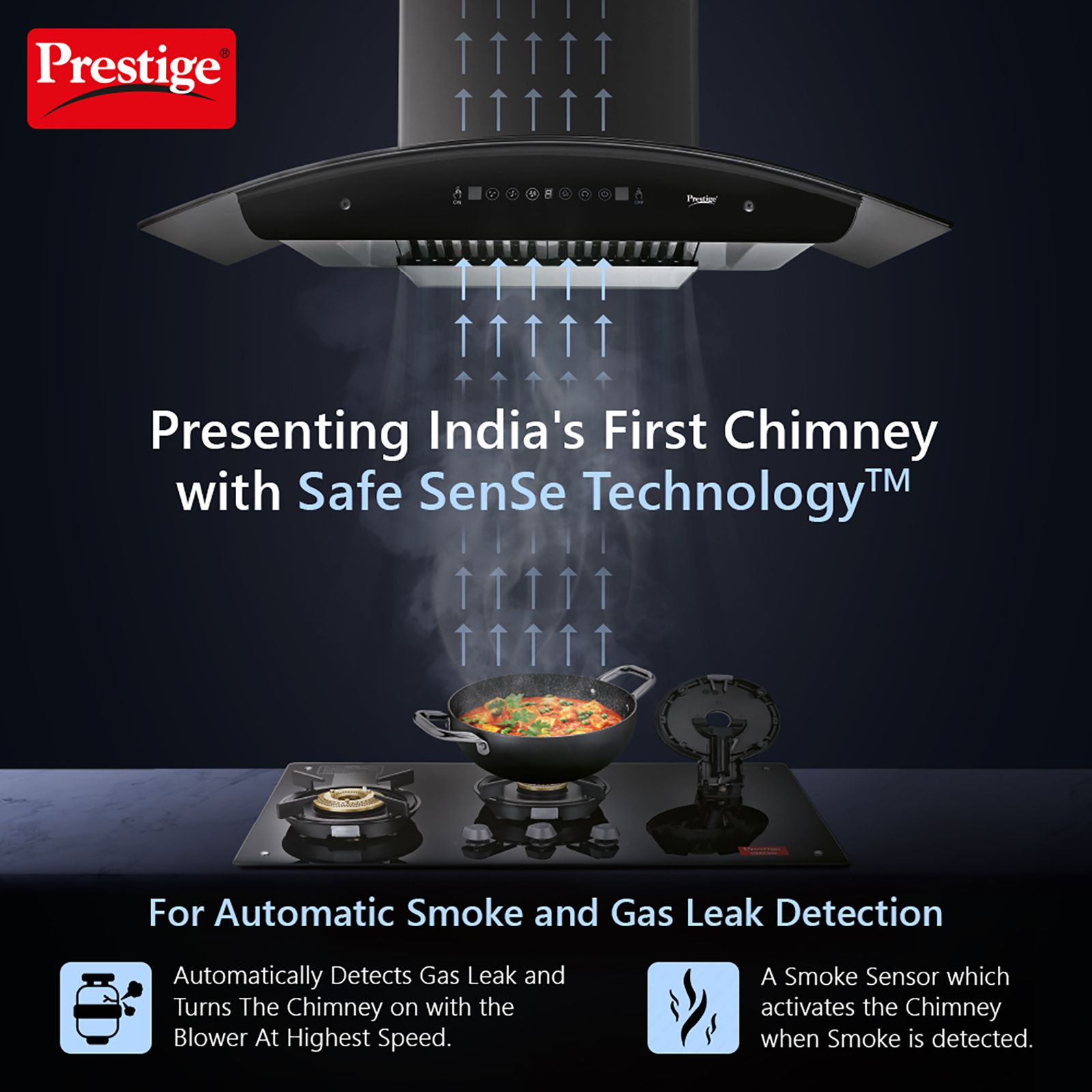Prestige Oscar Plus 90cm 1200m3/hr Ducted Auto Clean Wall Mounted Chimney with Safe SenSe Technology (Black)_3