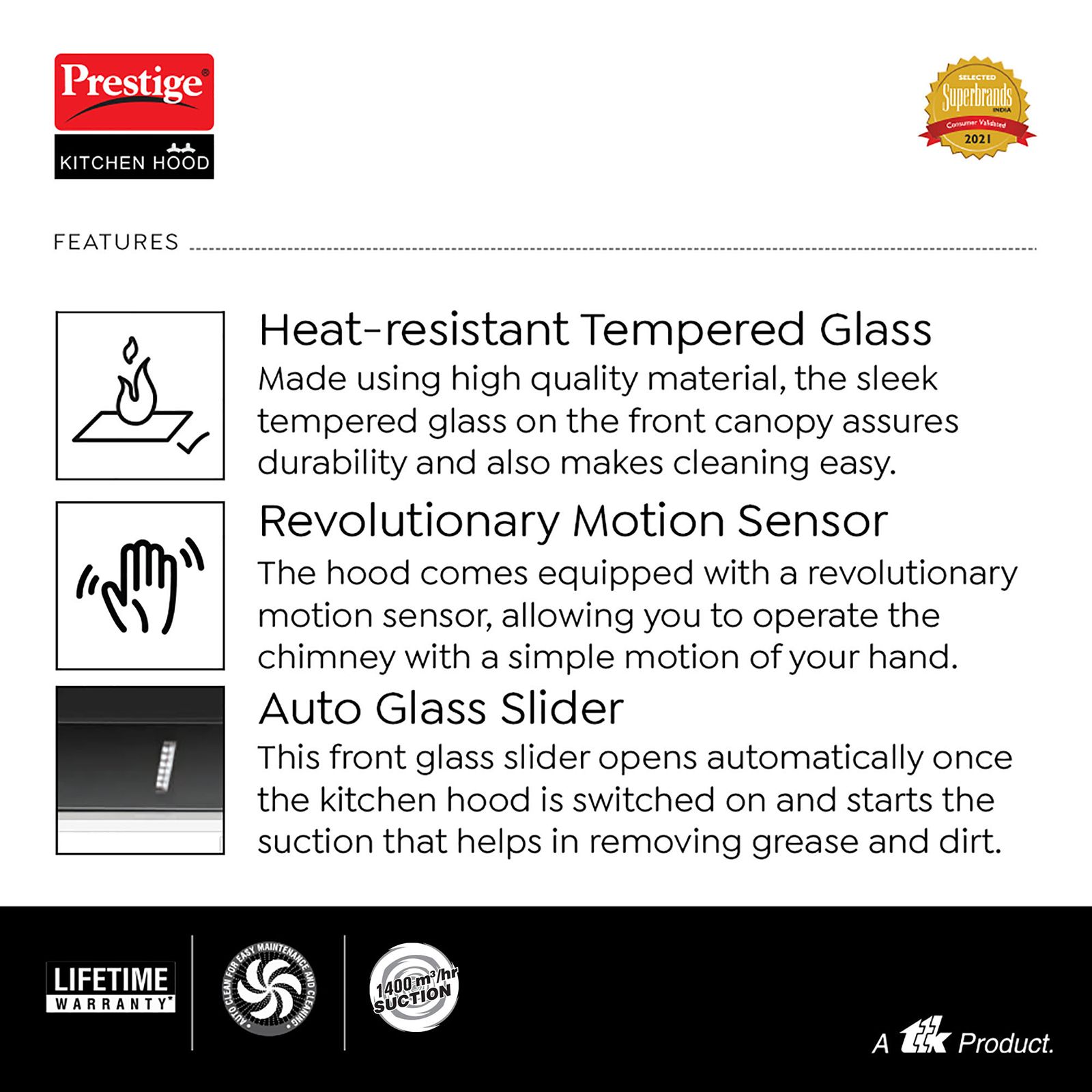 Prestige Provo Plus 60cm 1400m3/hr Ducted Auto Clean Wall Mounted Chimney with Revolutionary Motion Sensor (Black) Prestige Provo Plus 60cm 1400m3/hr Ducted Auto Clean Wall Mounted Chimney with Revolutionary Motion Sensor (Black)_6