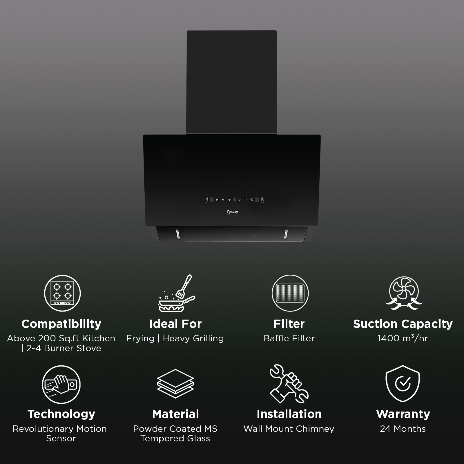 Prestige Provo Plus 60cm 1400m3/hr Ducted Auto Clean Wall Mounted Chimney with Revolutionary Motion Sensor (Black) Prestige Provo Plus 60cm 1400m3/hr Ducted Auto Clean Wall Mounted Chimney with Revolutionary Motion Sensor (Black)_2