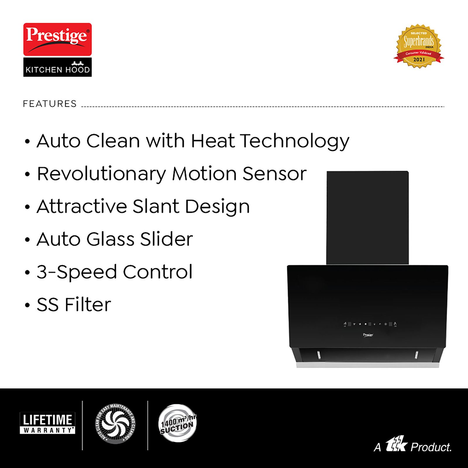 Prestige Provo Plus 60cm 1400m3/hr Ducted Auto Clean Wall Mounted Chimney with Revolutionary Motion Sensor (Black) Prestige Provo Plus 60cm 1400m3/hr Ducted Auto Clean Wall Mounted Chimney with Revolutionary Motion Sensor (Black)_5