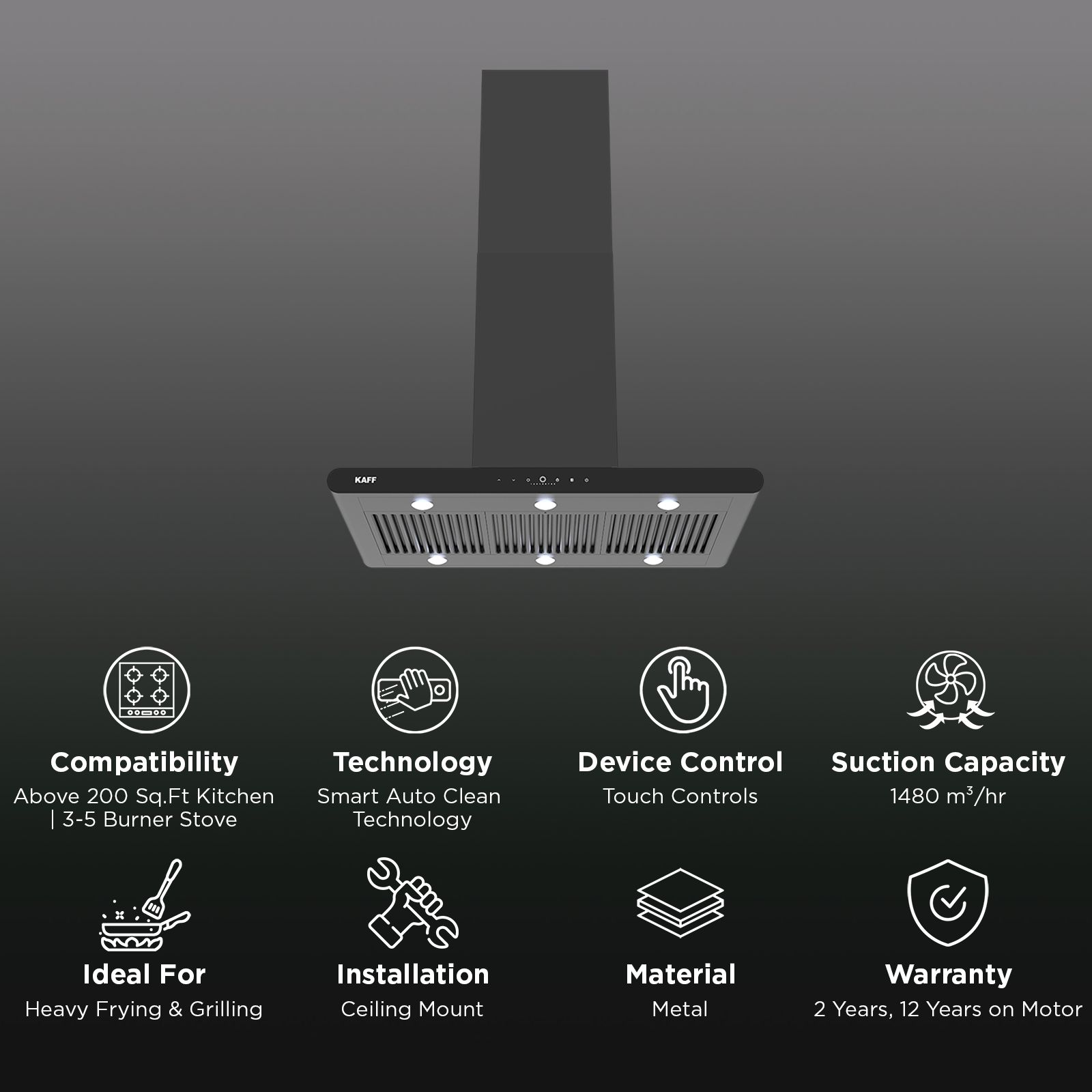 KAFF CANARY DC 90cm 1480m3/hr Ducted Auto Clean Ceiling Mounted Chimney with Gesture Motion Control (Black) KAFF CANARY DC 90cm 1480m3/hr Ducted Auto Clean Ceiling Mounted Chimney with Gesture Motion Control (Black)_2