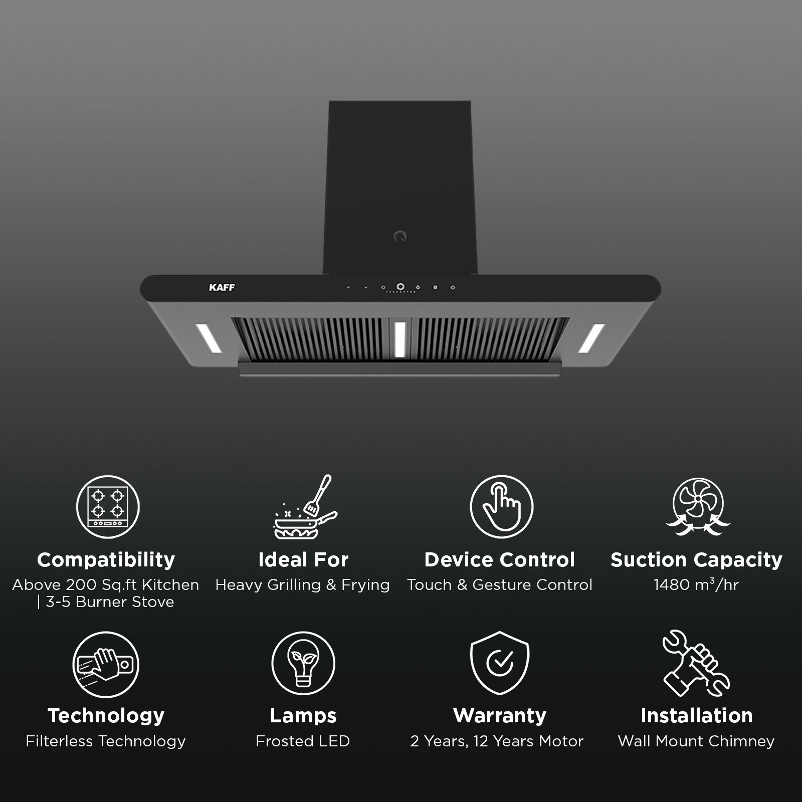 KAFF CANARY DC 90cm 1480m3/hr Ducted Auto Clean Wall Mounted Chimney with Gesture Motion Control (Matte Black) KAFF CANARY DC 90cm 1480m3/hr Ducted Auto Clean Wall Mounted Chimney with Gesture Motion Control (Matte Black)_2
