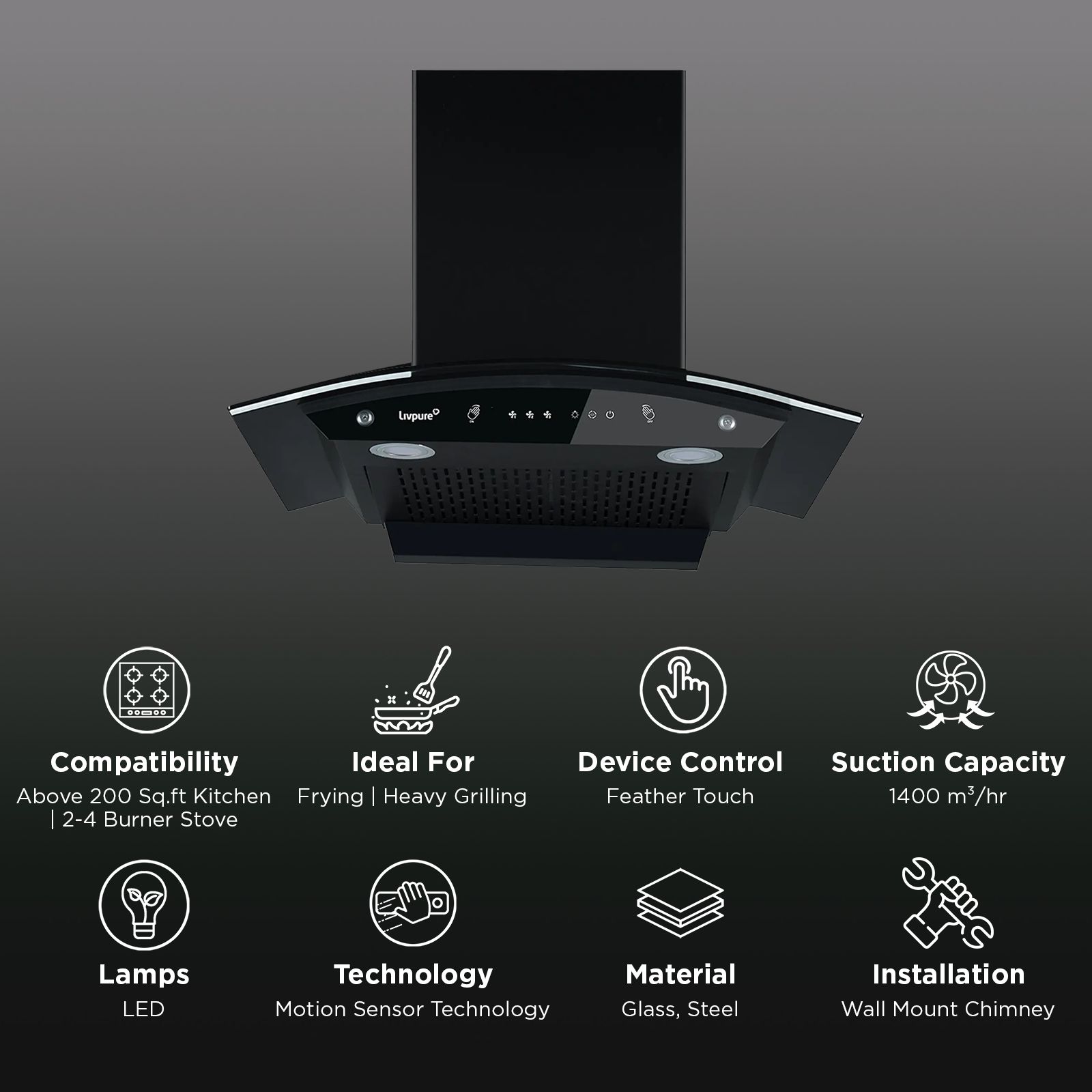 Livpure Swirl 60cm 1400m3/hr Ducted Auto Clean Wall Mounted Chimney with Motion Sensor Controls (Black) Livpure Swirl 60cm 1400m3/hr Ducted Auto Clean Wall Mounted Chimney with Motion Sensor Controls (Black)_2