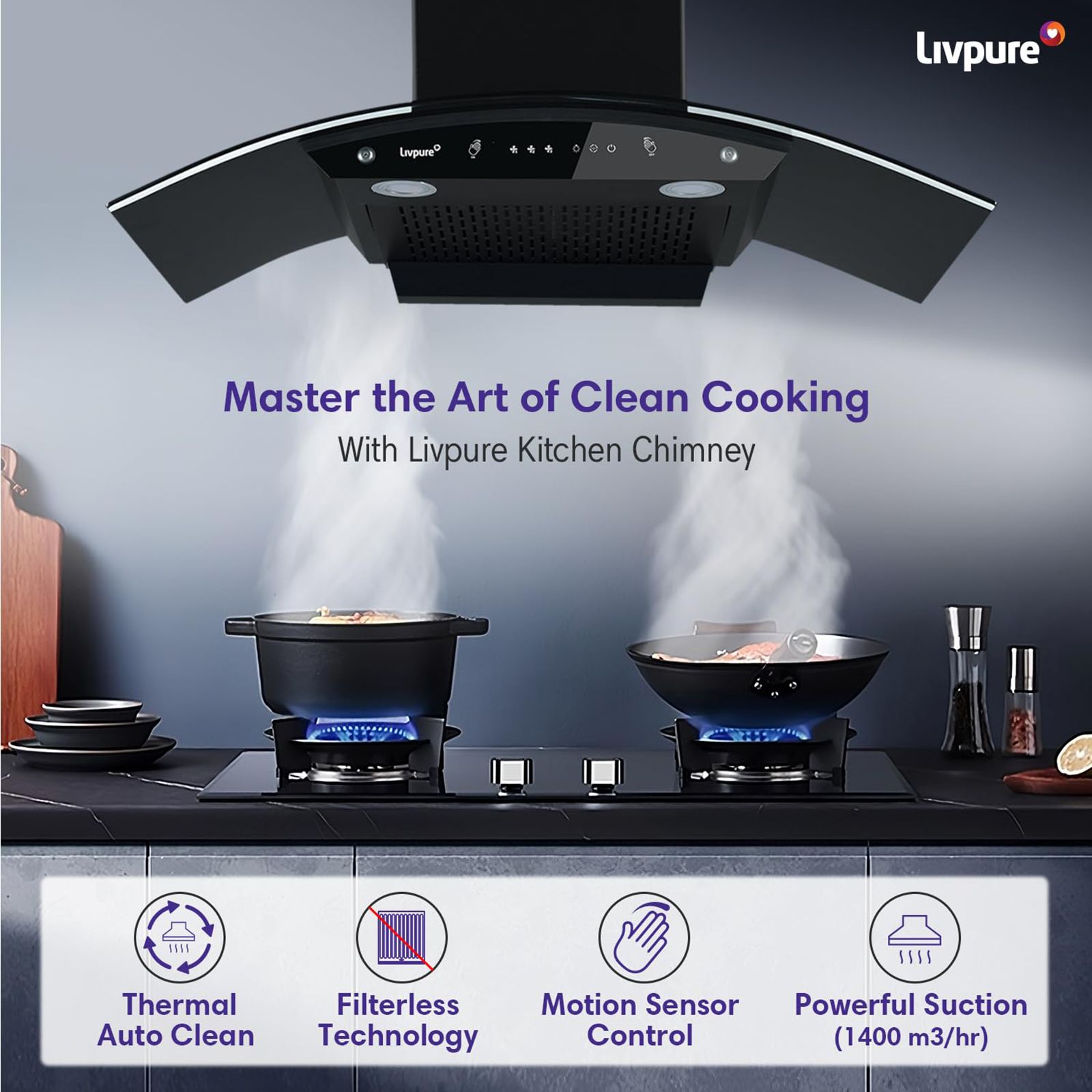 Livepure Swirl 90cm 1400m3/hr Ducted Auto Clean Wall Mounted Chimney with Motion Sensor Controls (Black) Livepure Swirl 90cm 1400m3/hr Ducted Auto Clean Wall Mounted Chimney with Motion Sensor Controls (Black)_7