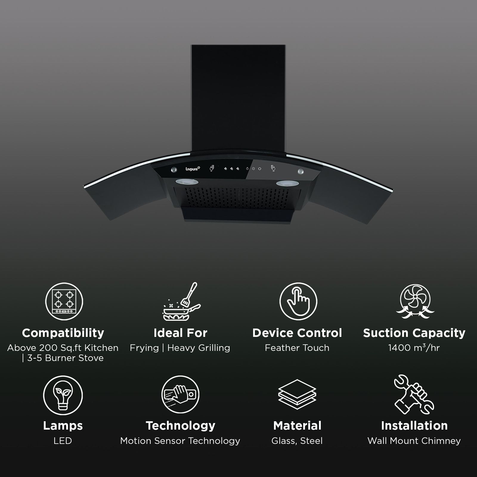 Livepure Swirl 90cm 1400m3/hr Ducted Auto Clean Wall Mounted Chimney with Motion Sensor Controls (Black) Livepure Swirl 90cm 1400m3/hr Ducted Auto Clean Wall Mounted Chimney with Motion Sensor Controls (Black)_2