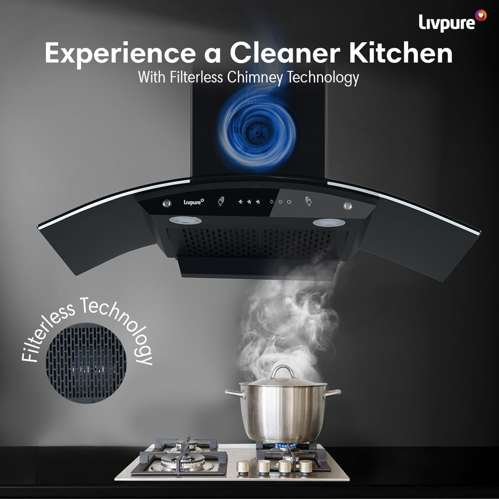 Livepure Swirl 90cm 1400m3/hr Ducted Auto Clean Wall Mounted Chimney with Motion Sensor Controls (Black) Livepure Swirl 90cm 1400m3/hr Ducted Auto Clean Wall Mounted Chimney with Motion Sensor Controls (Black)_5