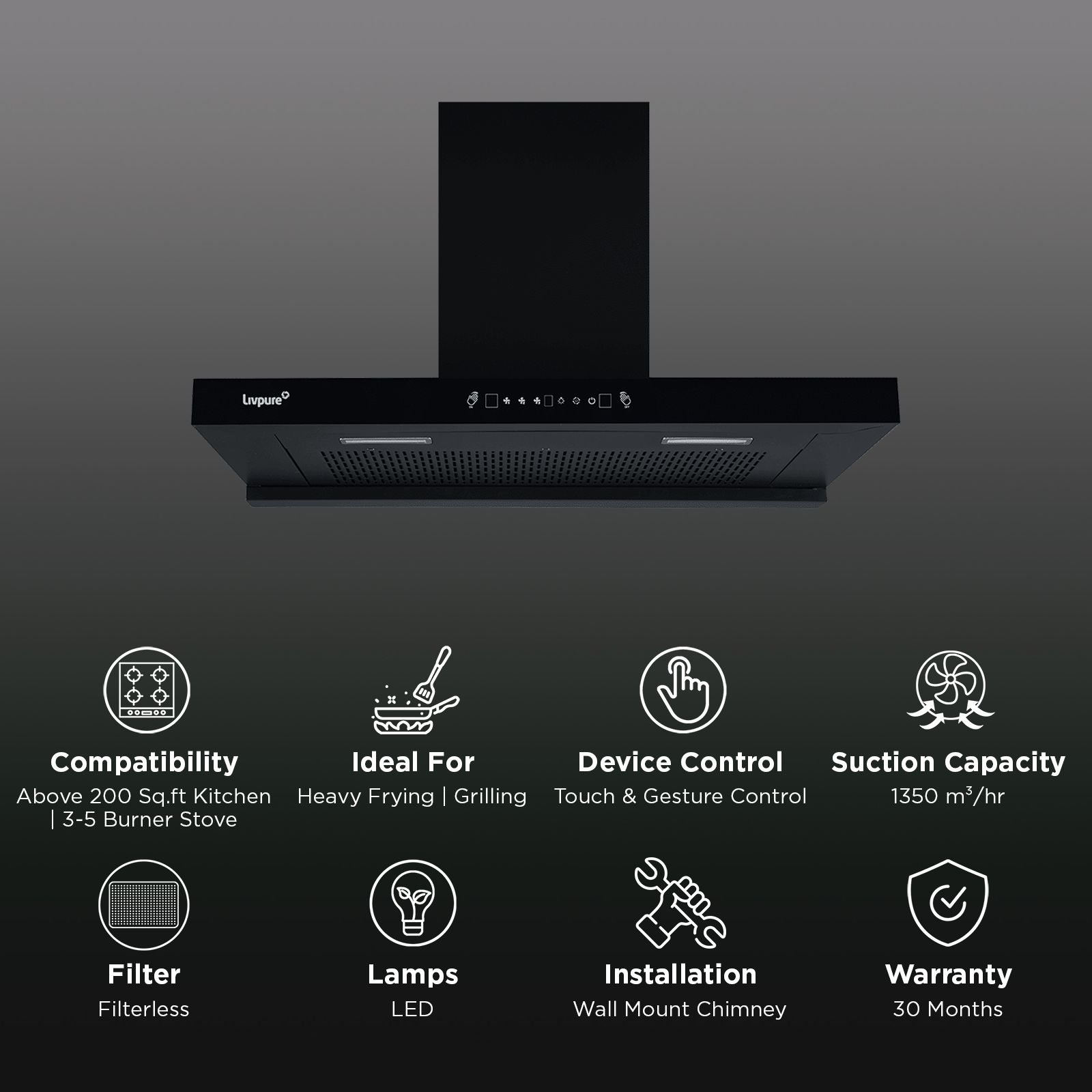 Livepure Ether 90cm 1350m3/hr Ducted Auto Clean Wall Mounted Chimney with Motion Sensor Controls (Black)_3