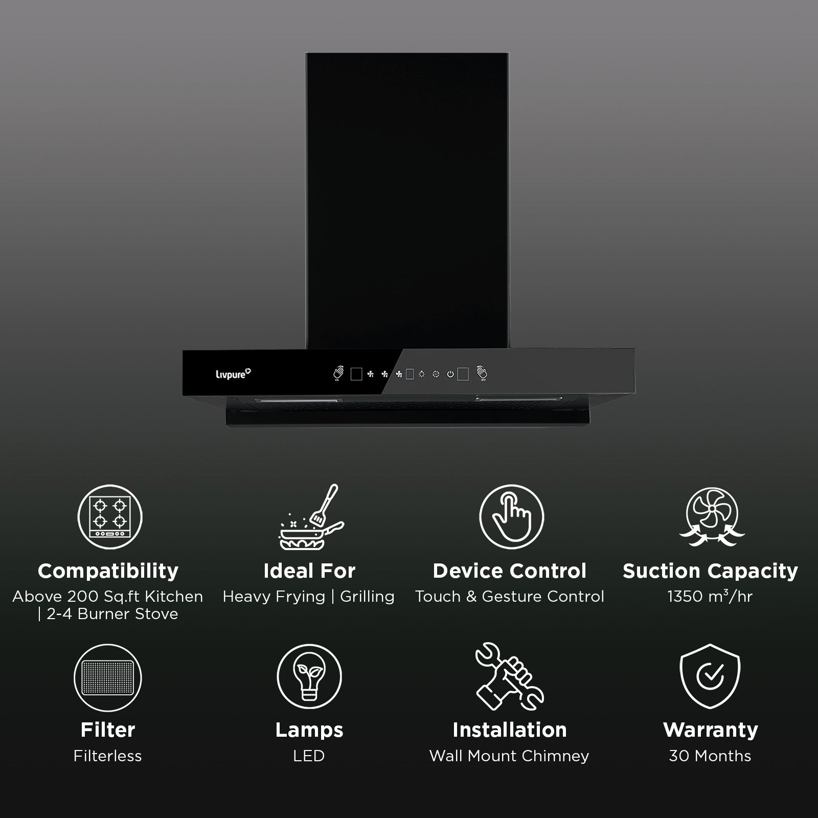 Livepure Ether 60cm 1350m3/hr Ducted Auto Clean Wall Mounted Chimney with Motion Sensor Controls (Black) Livepure Ether 60cm 1350m3/hr Ducted Auto Clean Wall Mounted Chimney with Motion Sensor Controls (Black)_3
