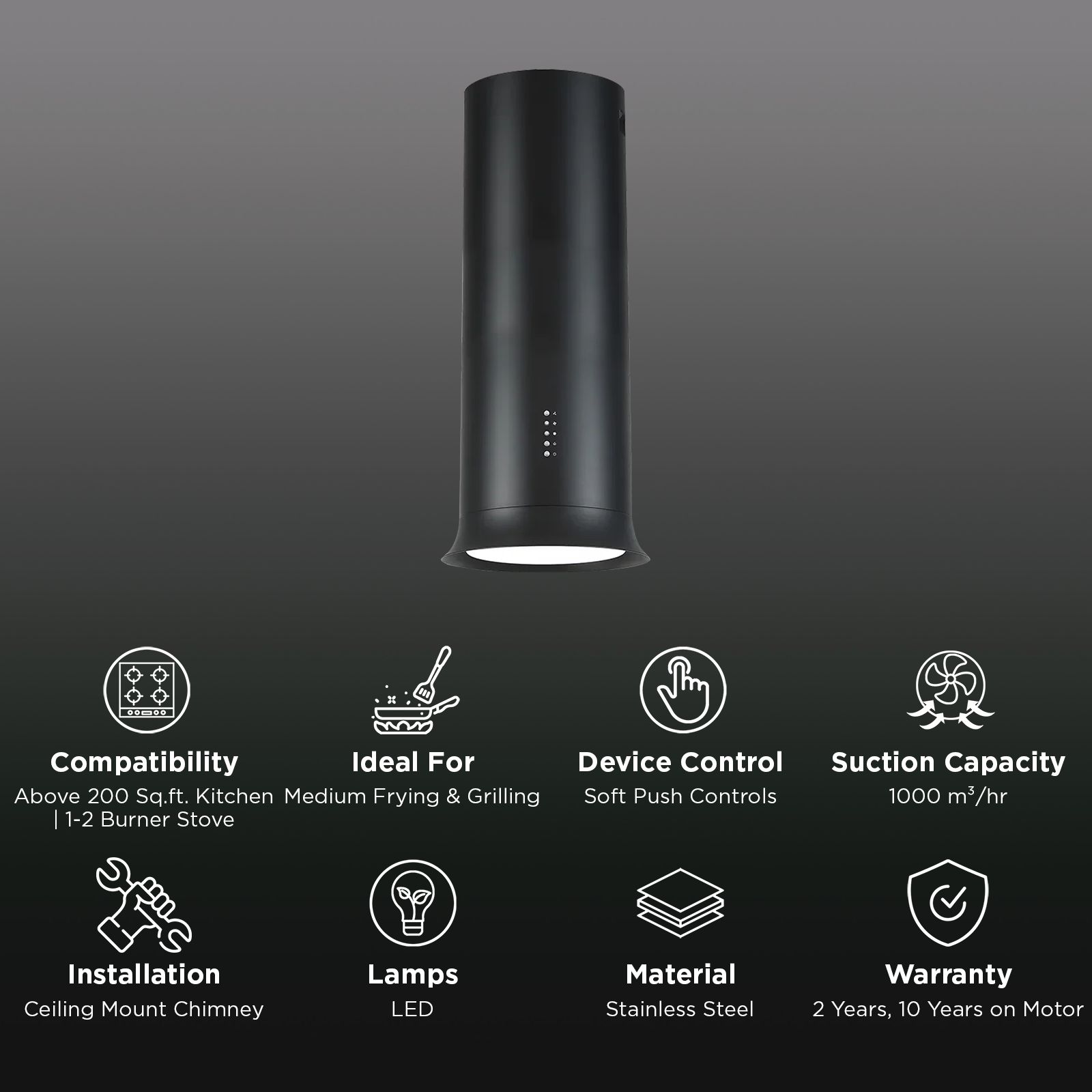 KAFF RUSSO42(IS) 42 cm 1000m3/hr Ducted Ceiling Mounted Chimney With Soft Push Controls (Black) KAFF RUSSO42(IS) 42 cm 1000m3/hr Ducted Ceiling Mounted Chimney With Soft Push Controls (Black)_3