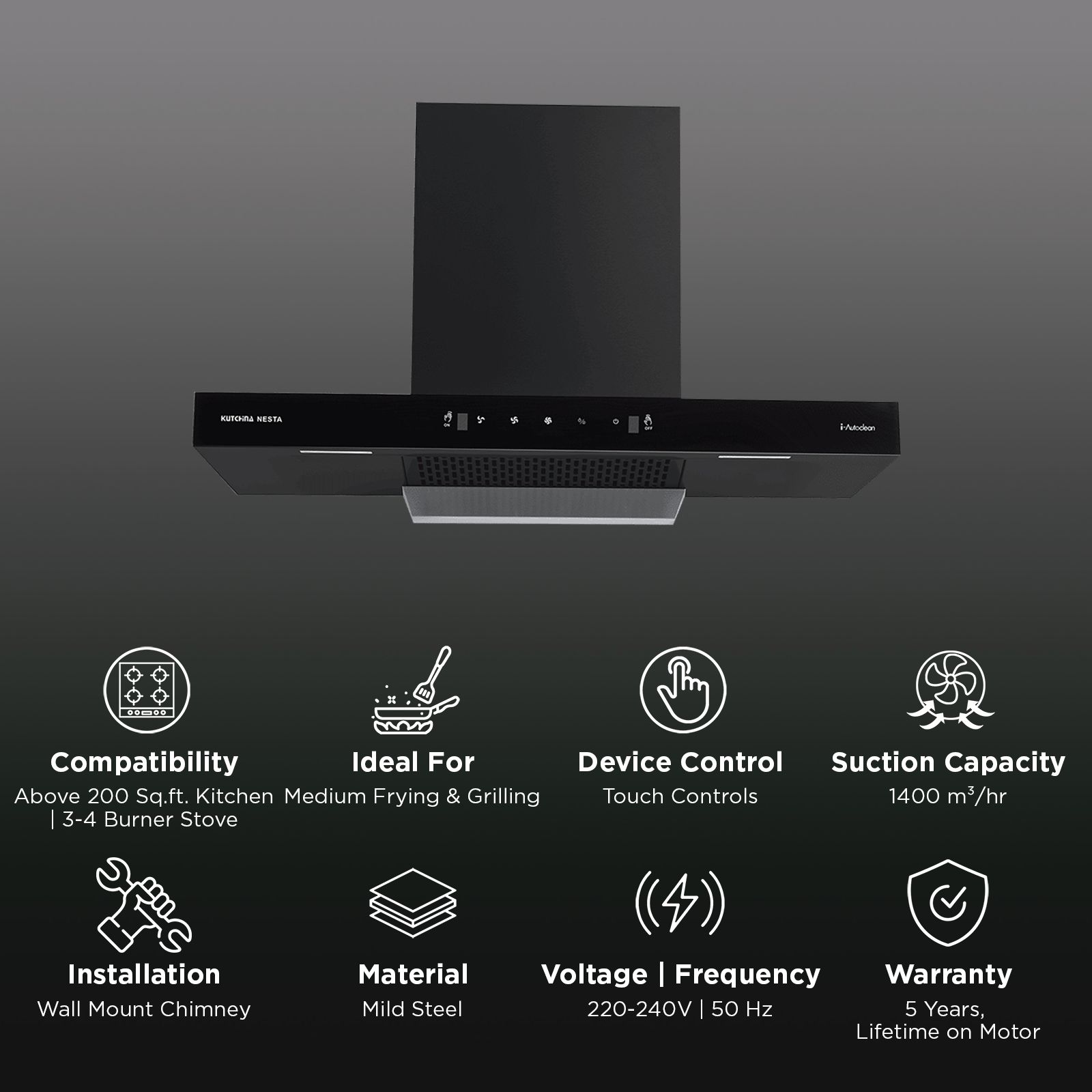Kutchina Nesta 75cm 1400m3/hr Ducted Auto Clean Wall Mounted Chimney With Wave Sensor (Black) Kutchina Nesta 75cm 1400m3/hr Ducted Auto Clean Wall Mounted Chimney With Wave Sensor (Black)_3