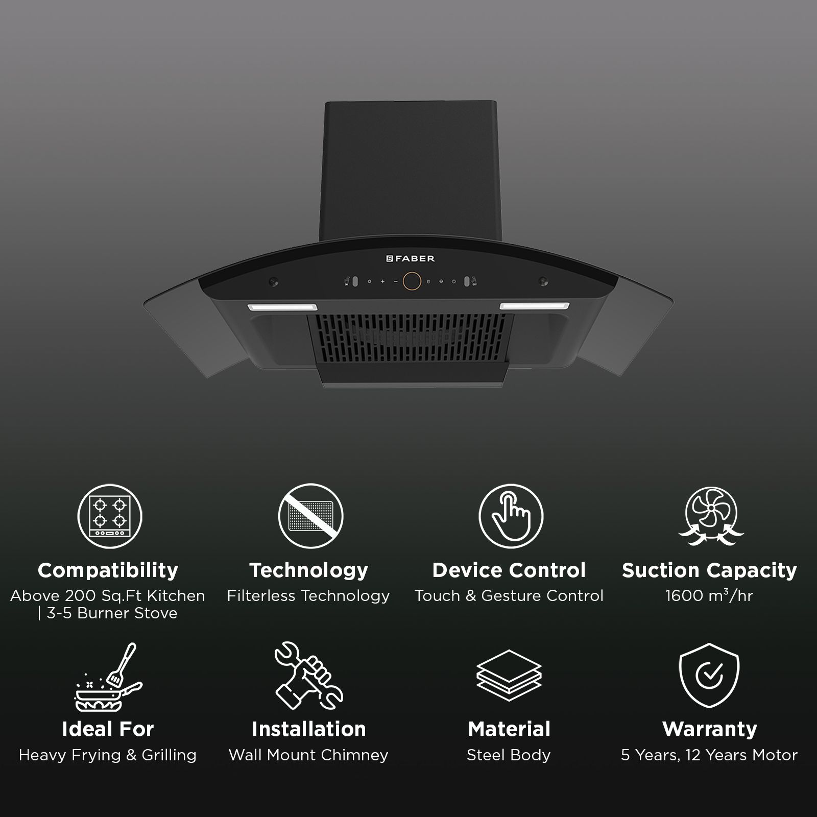 FABER HOOD ENIGMA BLDC HC SC FL BK IN 90cm 1600m3/hr Ducted Auto Clean Wall Mounted Chimney with Gesture Control (Black) FABER HOOD ENIGMA BLDC HC SC FL BK IN 90cm 1600m3/hr Ducted Auto Clean Wall Mounted Chimney with Gesture Control (Black)_2