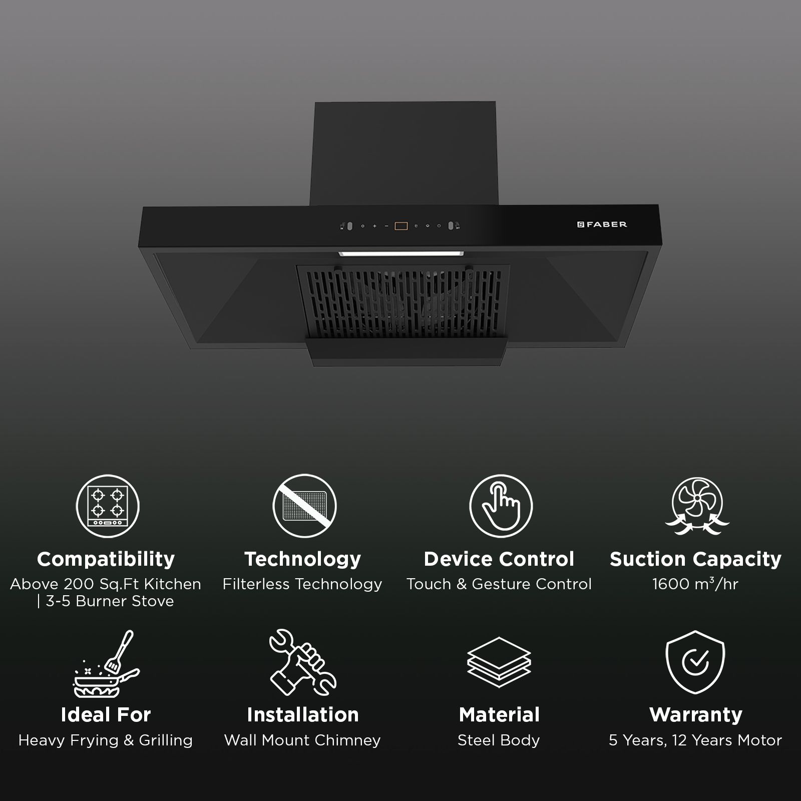 FABER HOOD SIGMA BLDC HC SC FL BK IN 90cm 1600m3/hr Ducted Auto Clean Wall Mounted Chimney with LPG Leakage Sensor (Black) FABER HOOD SIGMA BLDC HC SC FL BK IN 90cm 1600m3/hr Ducted Auto Clean Wall Mounted Chimney with LPG Leakage Sensor (Black)_2