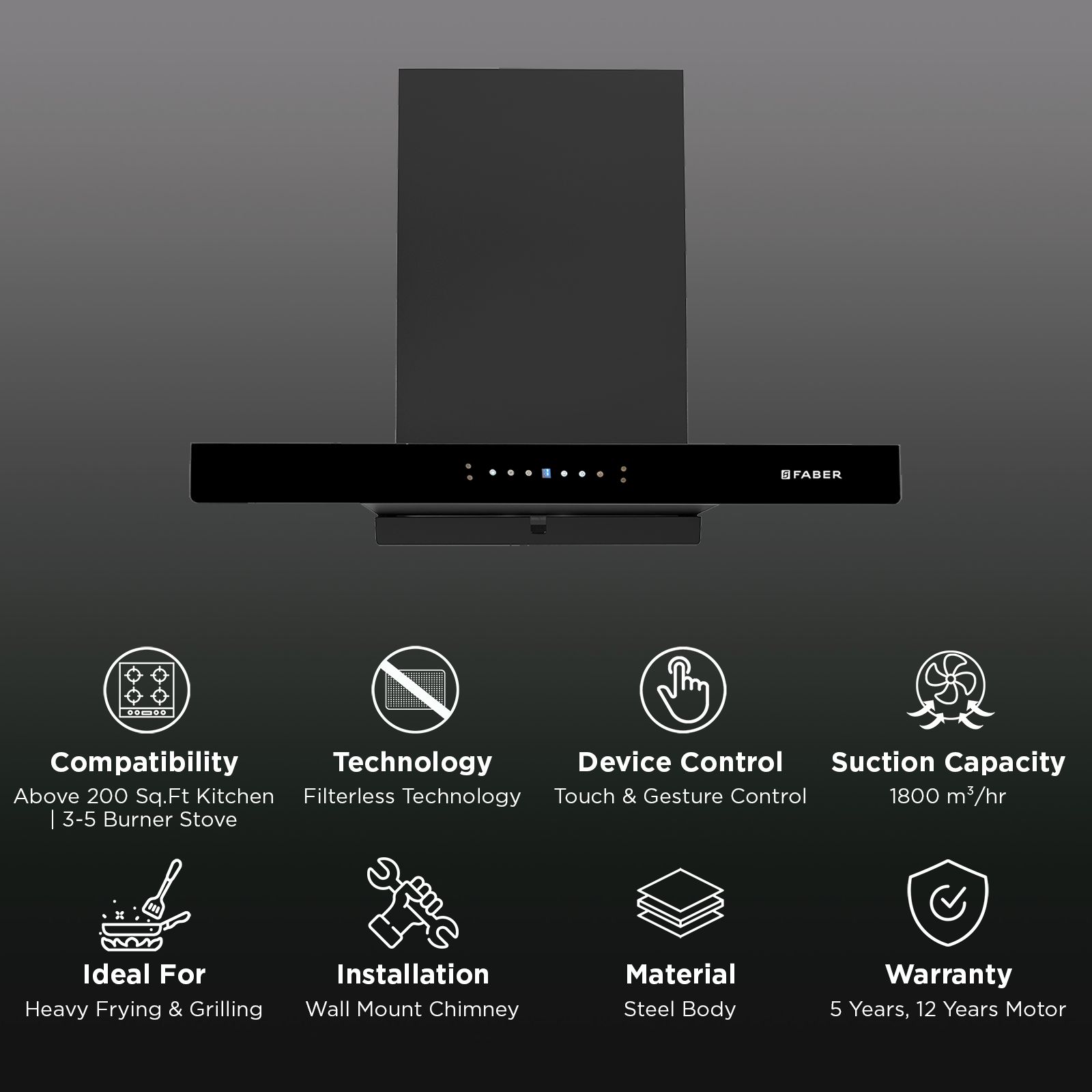 FABER HOOD THUNDER BOLT MAX BLDC FL SW SC IN 90cm 1800m3/hr Ducted Auto Clean Wall Mounted Chimney with Gesture Controlled (Black) FABER HOOD THUNDER BOLT MAX BLDC FL SW SC IN 90cm 1800m3/hr Ducted Auto Clean Wall Mounted Chimney with Gesture Controlled (Black)_2
