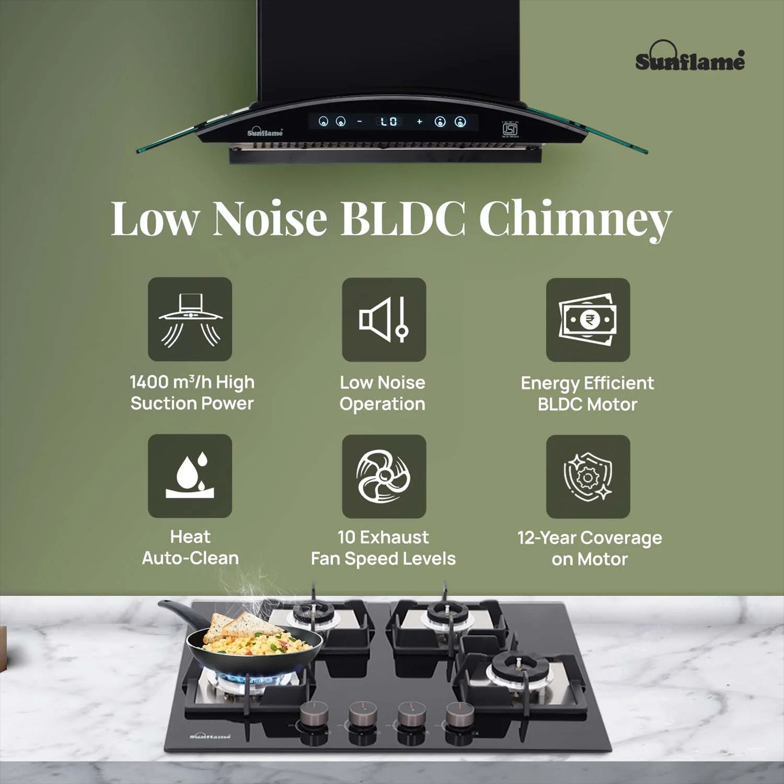 Sunflame SF-RE75 75cm 1400m3/hr Ducted Auto Clean Wall Mounted Chimney with Motion Senor Control (Black)_3