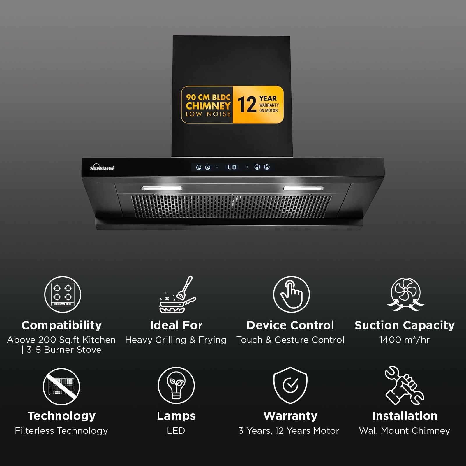 Sunflame SF-AS90 90cm 1400m3/hr Ducted Auto Clean Wall Mounted Chimney with Motion Senor Control (Black)_2