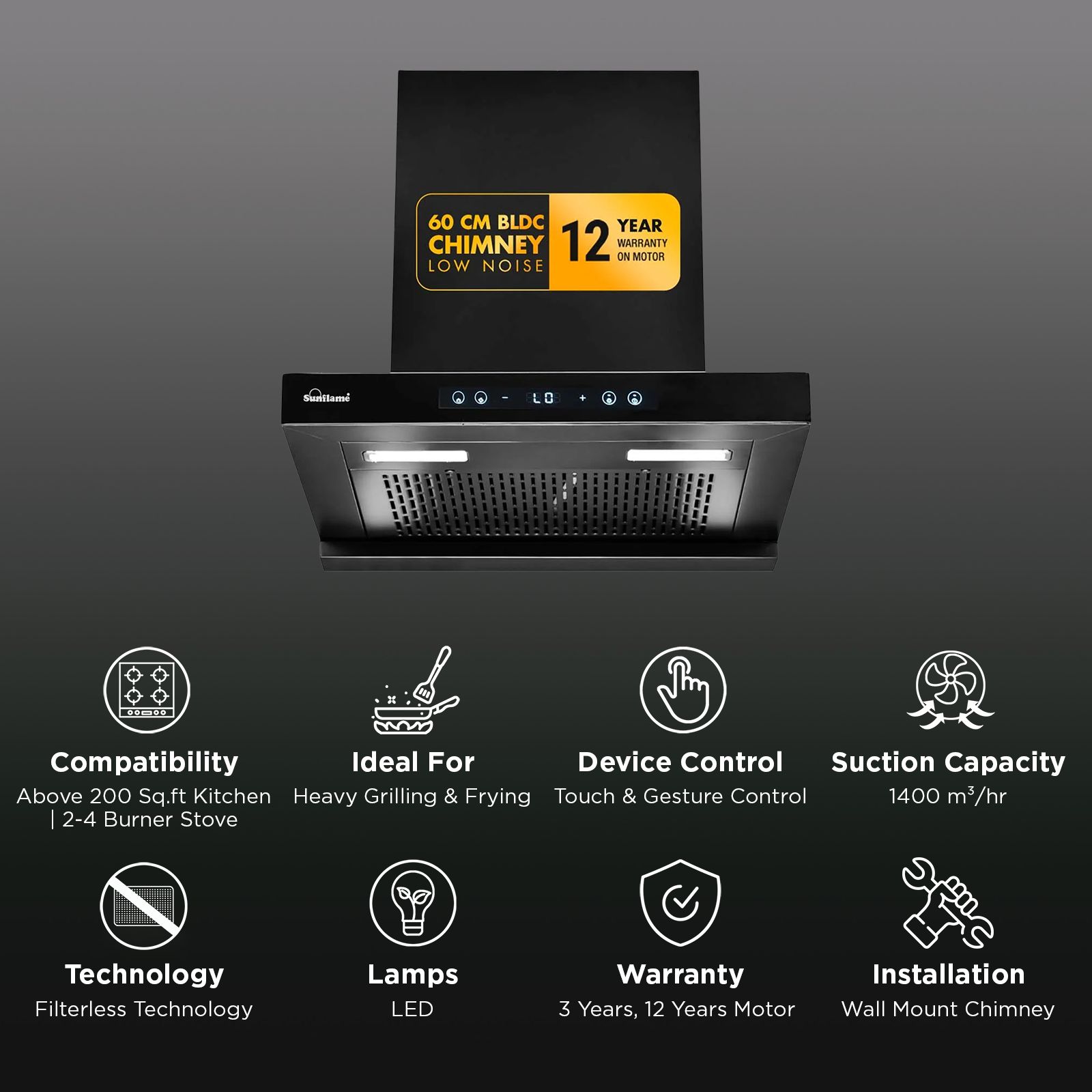 Sunflame SF-AS60 60cm 1400m3/hr Ducted Auto Clean Wall Mounted Chimney with Motion Senor Control (Black)_2