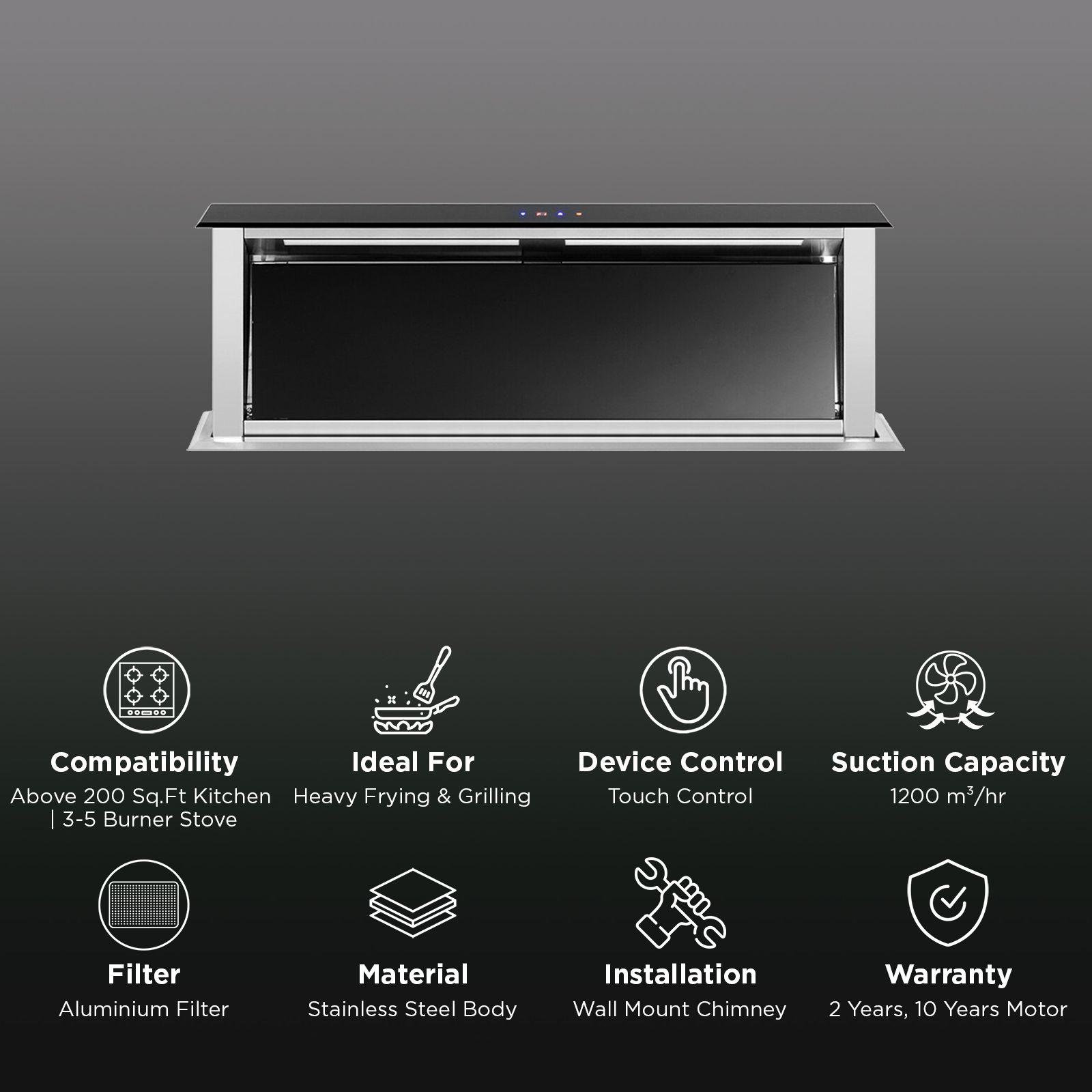 KAFF TOWNSVILLE 90 IS 90cm 1200m3/hr Ductless Wall Mounted Chimney with Advanced Downdraft Technology (Black) KAFF TOWNSVILLE 90 IS 90cm 1200m3/hr Ductless Wall Mounted Chimney with Advanced Downdraft Technology (Black)_2