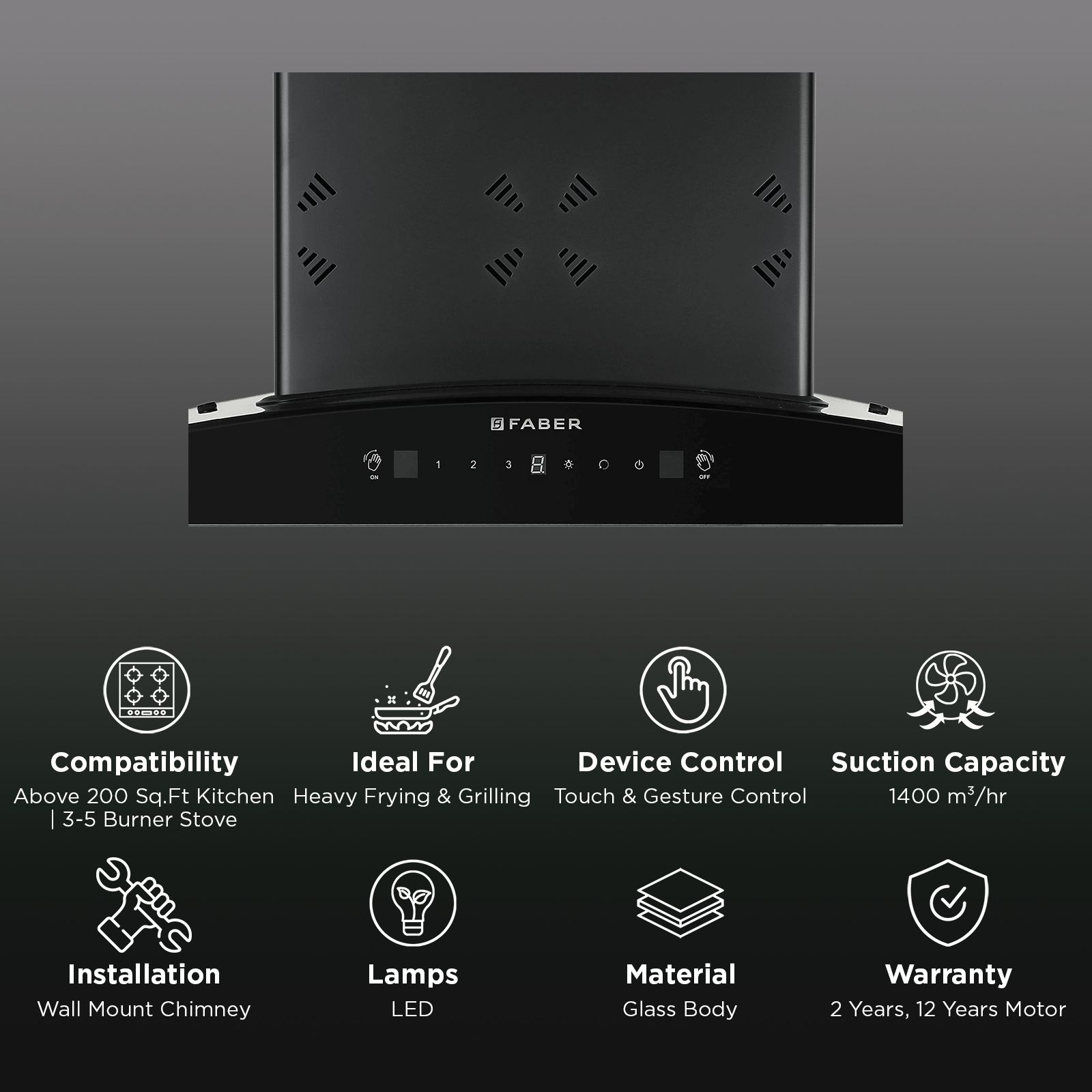 Faber HOOD STELLA 3D IN HC SC FL BK 90 90cm 1400m3/hr Ductless Heat Auto Clean Wall Mounted Chimney with Odour Sensor (Black) Faber HOOD STELLA 3D IN HC SC FL BK 90 90cm 1400m3/hr Ductless Heat Auto Clean Wall Mounted Chimney with Odour Sensor (Black)_2
